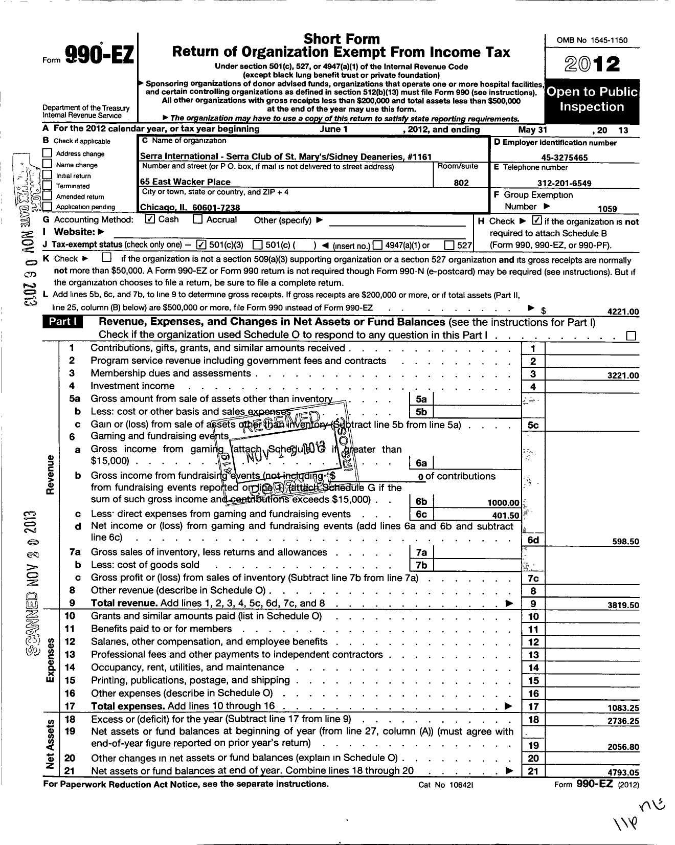 Image of first page of 2012 Form 990EZ for Serra International / Serra Club of Cincinnati NW Deanery