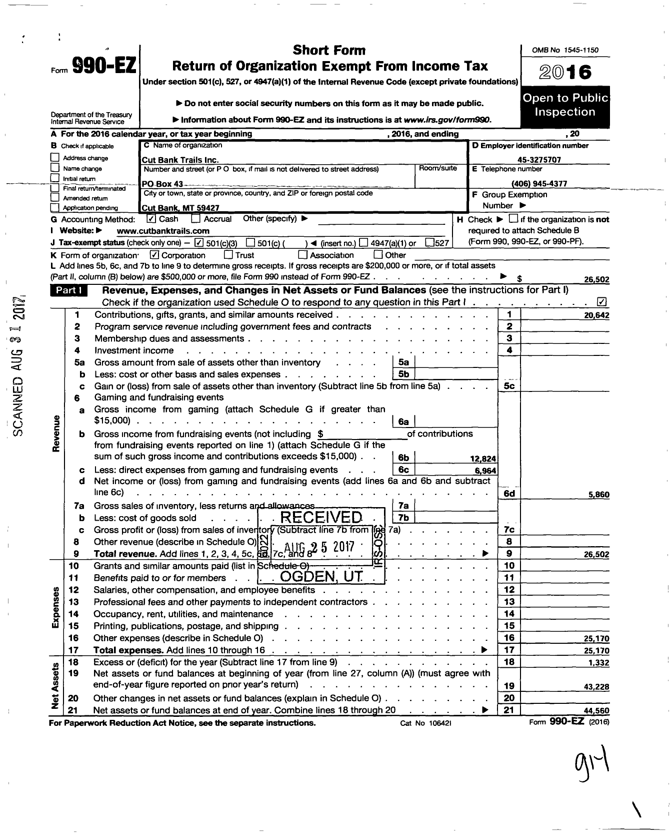 Image of first page of 2016 Form 990EZ for Cut Bank Trails