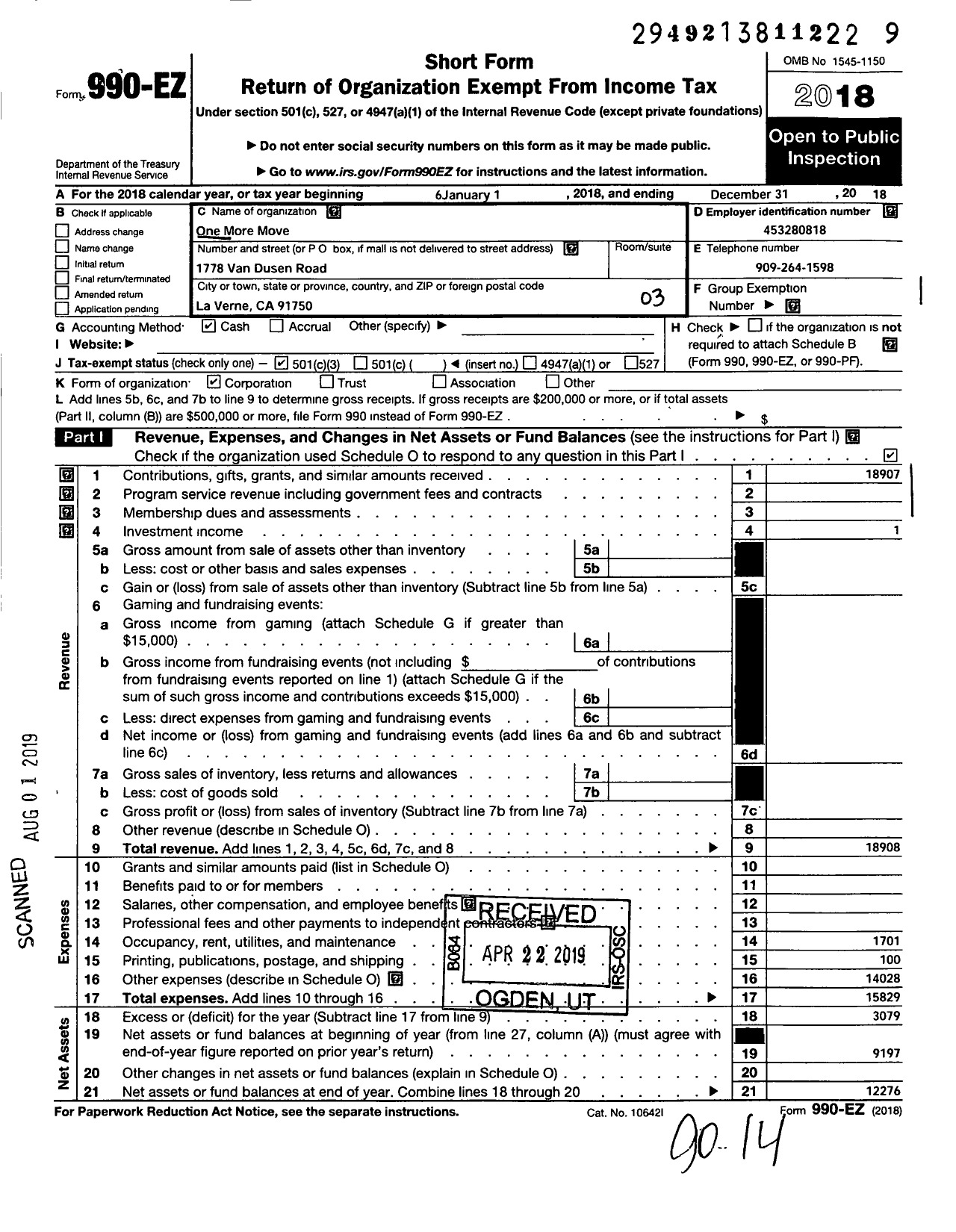 Image of first page of 2018 Form 990EZ for One More Move