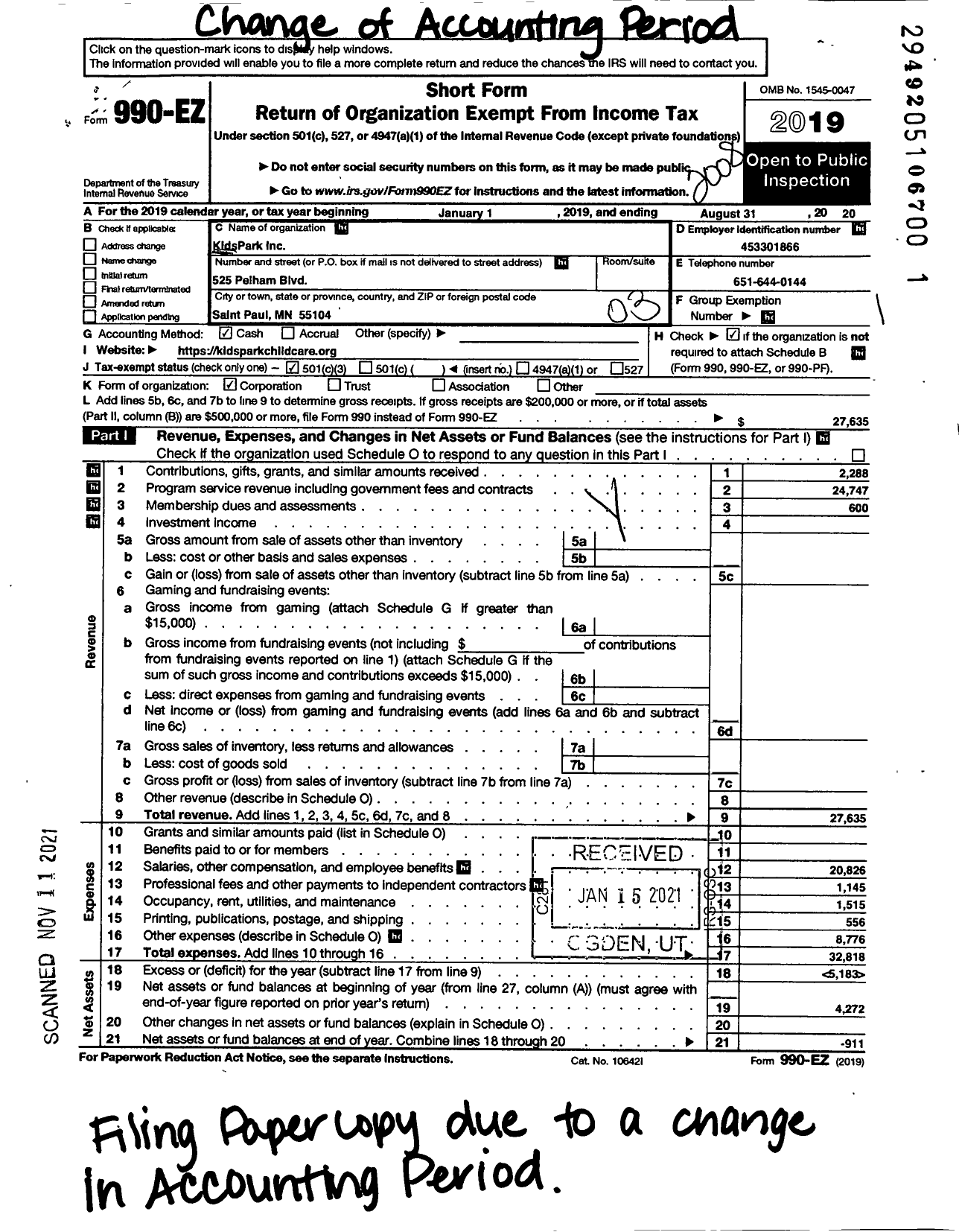 Image of first page of 2019 Form 990EZ for Kidspark