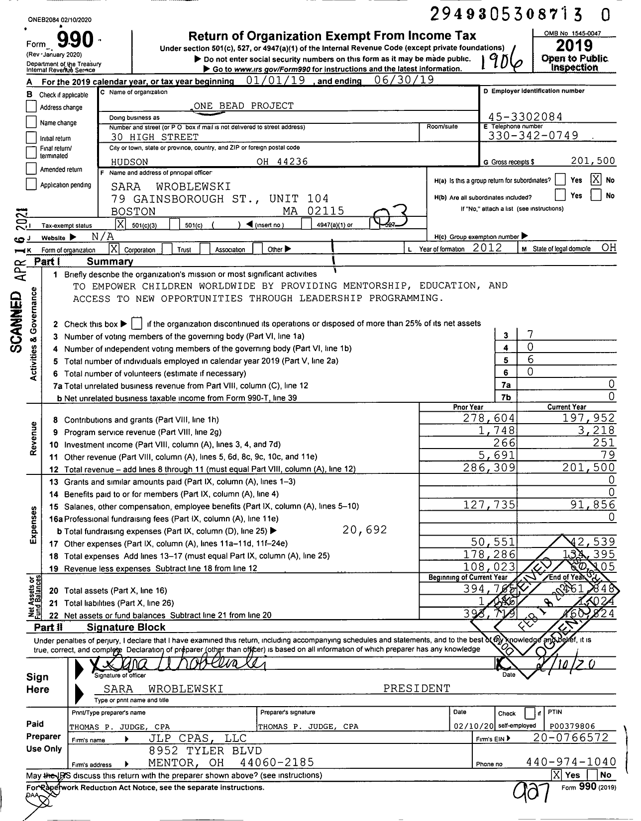 Image of first page of 2018 Form 990 for One Bead Project