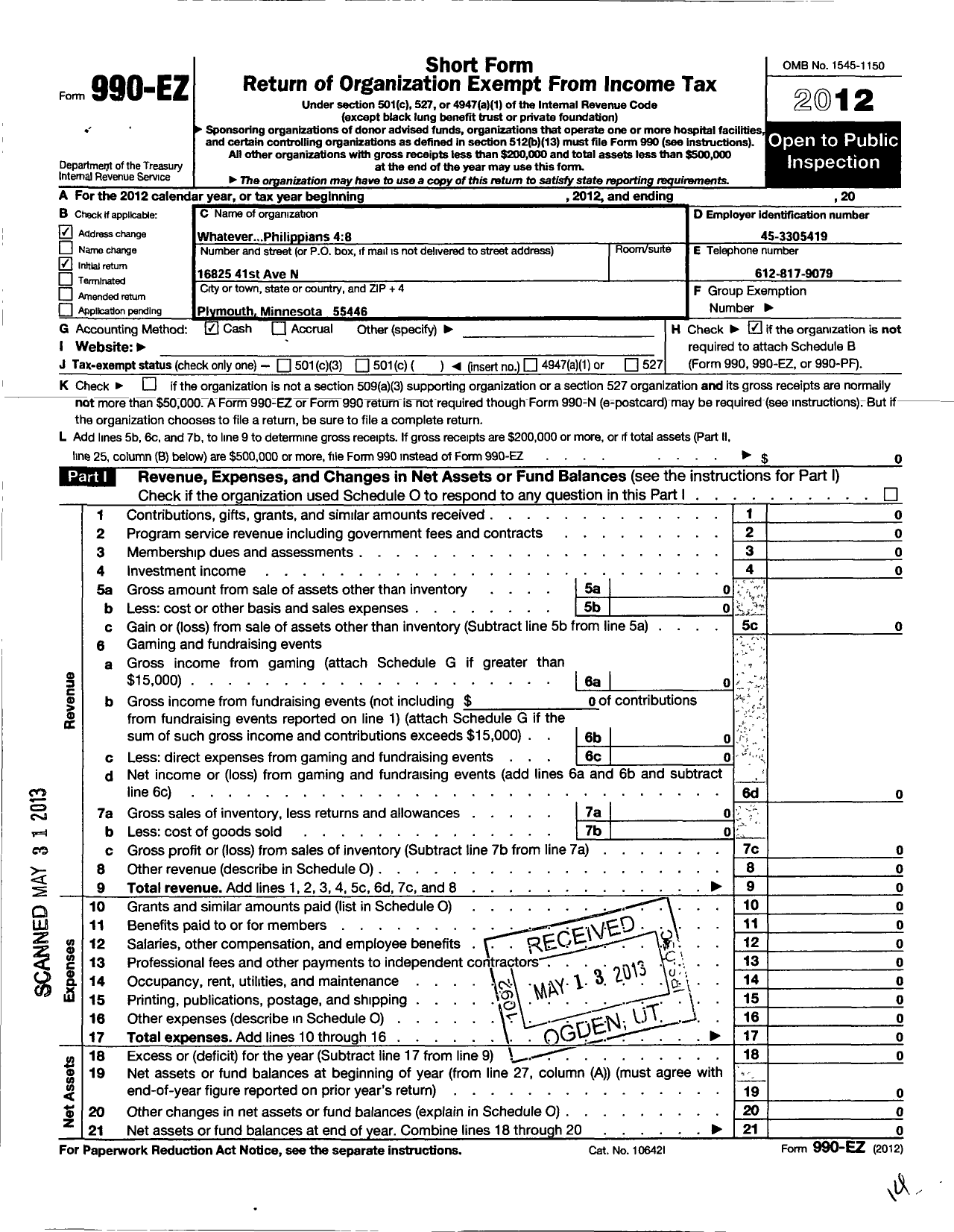 Image of first page of 2012 Form 990EO for Whatever Philippians 4 8