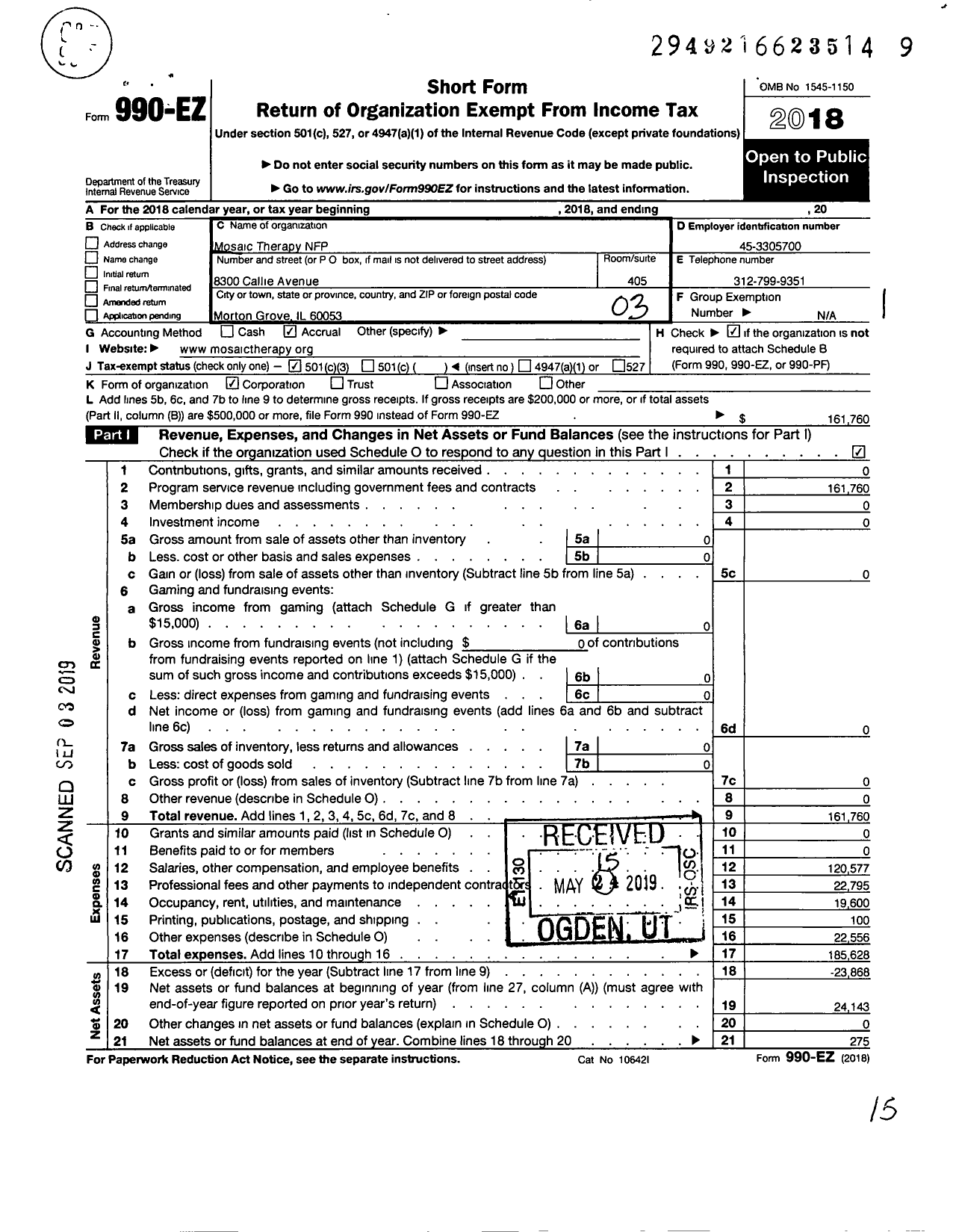 Image of first page of 2018 Form 990EZ for Mosaic Therapy Mosaictherapynfp