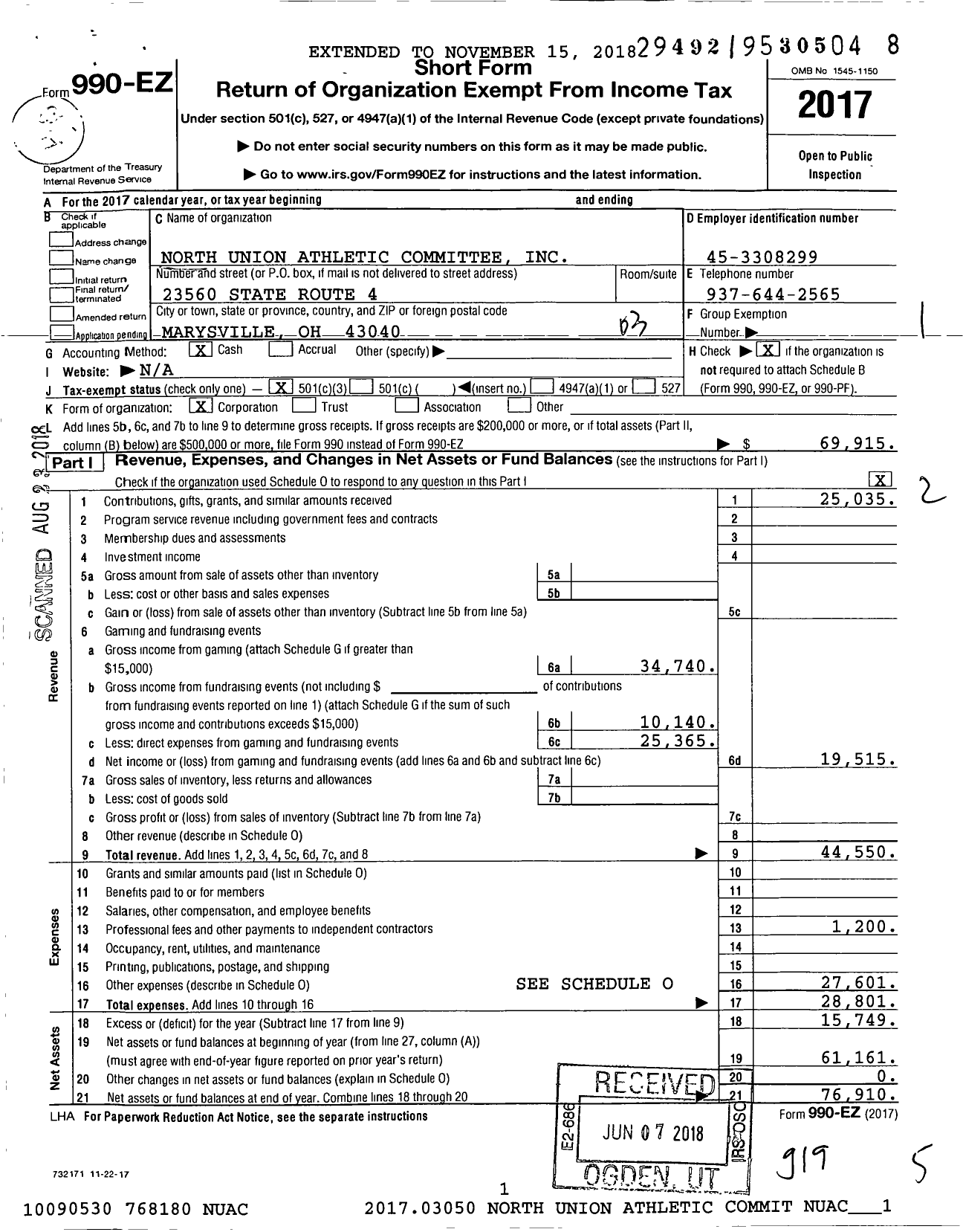 Image of first page of 2017 Form 990EZ for North Union Athletic Committee