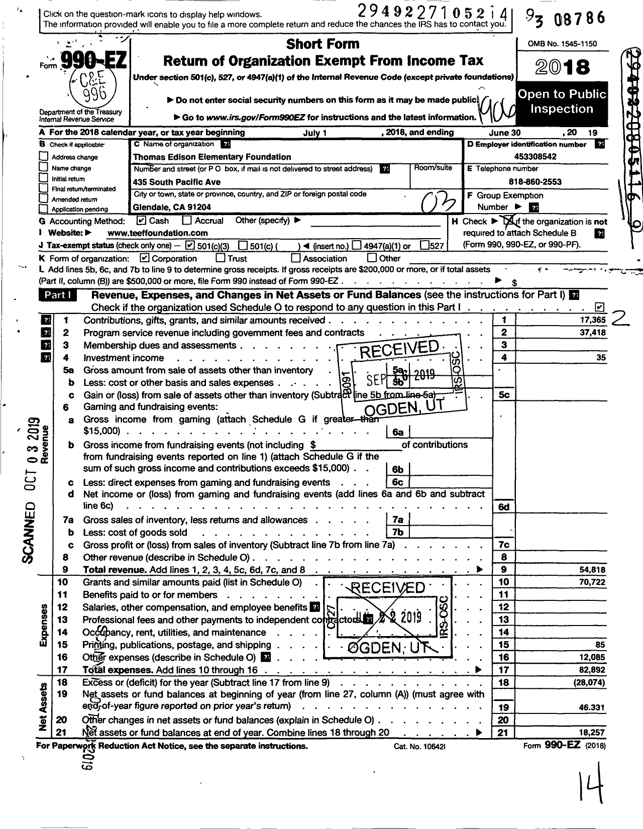 Image of first page of 2018 Form 990EZ for Thomas Edison Elementary Foundation