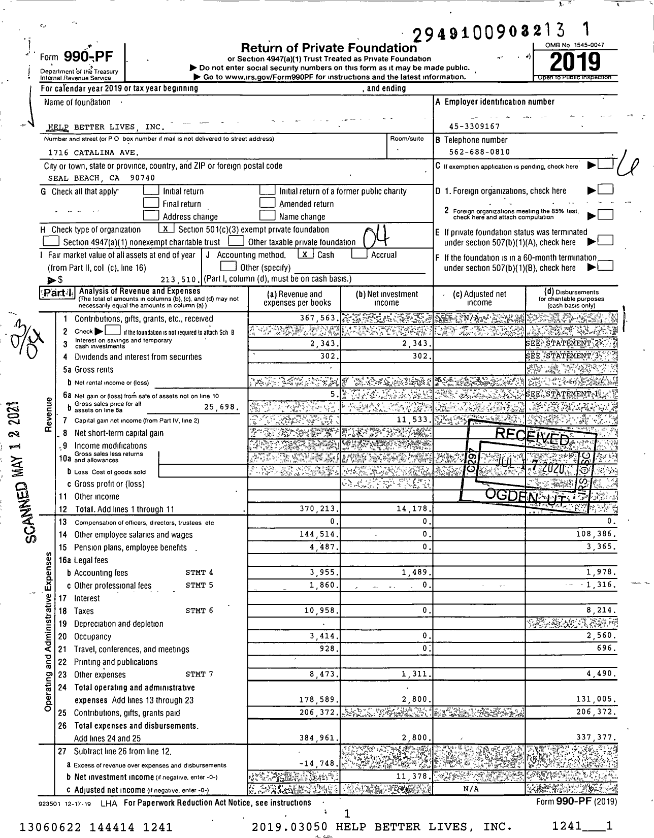 Image of first page of 2019 Form 990PF for Help Better Lives