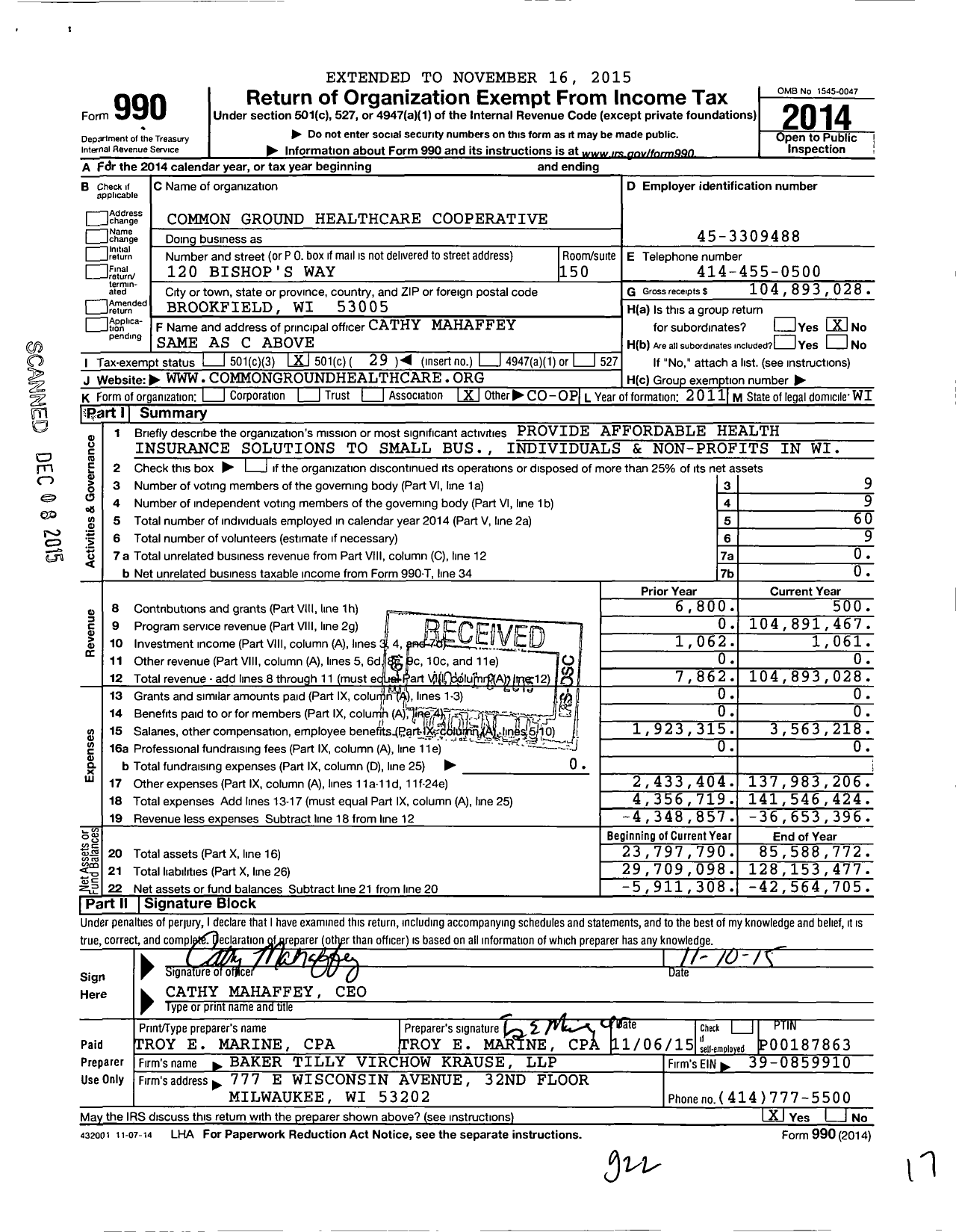 Image of first page of 2014 Form 990O for Common Ground Healthcare Cooperative