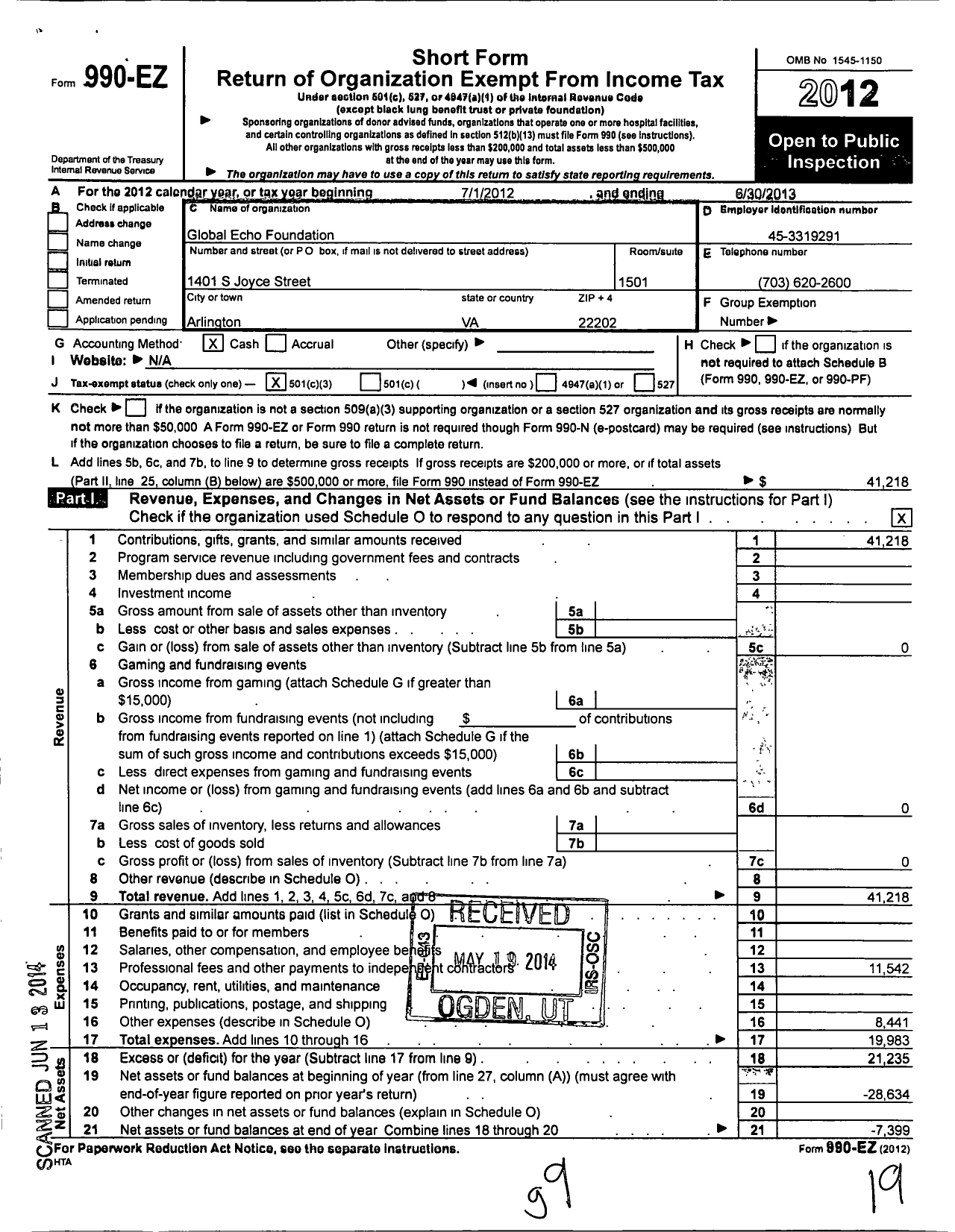 Image of first page of 2012 Form 990EZ for Global Echo Foundation