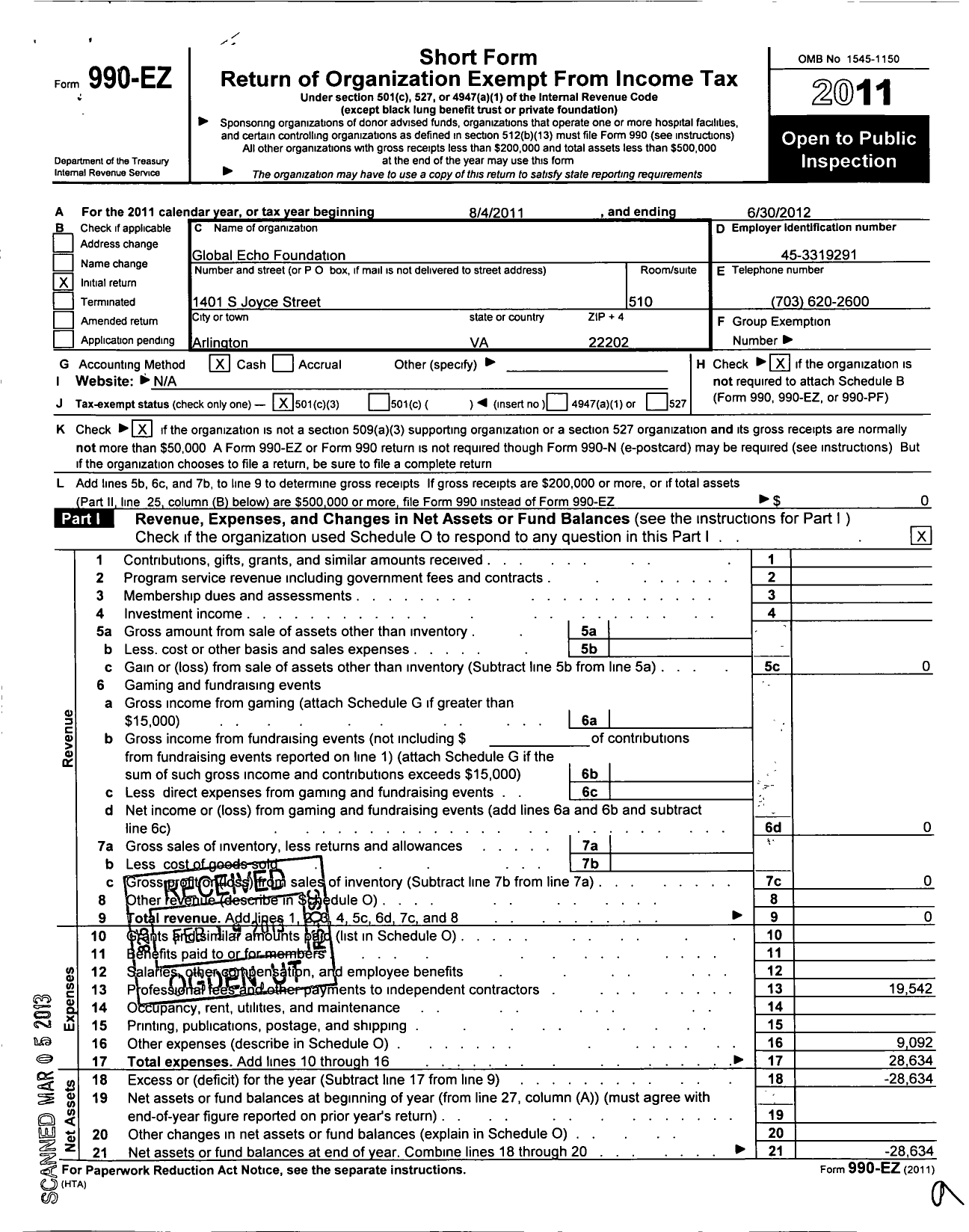 Image of first page of 2011 Form 990EZ for Global Echo Foundation