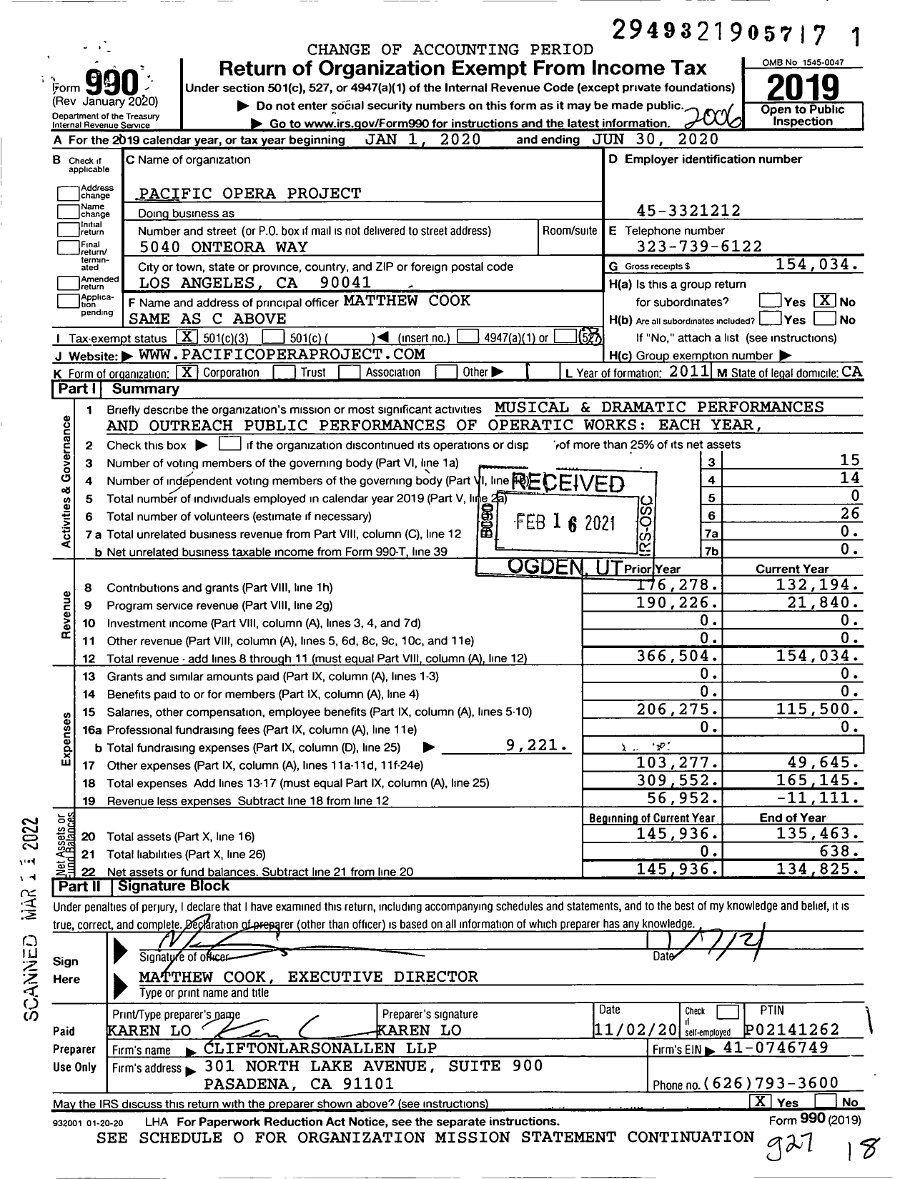 Image of first page of 2019 Form 990 for Pacific Opera Project