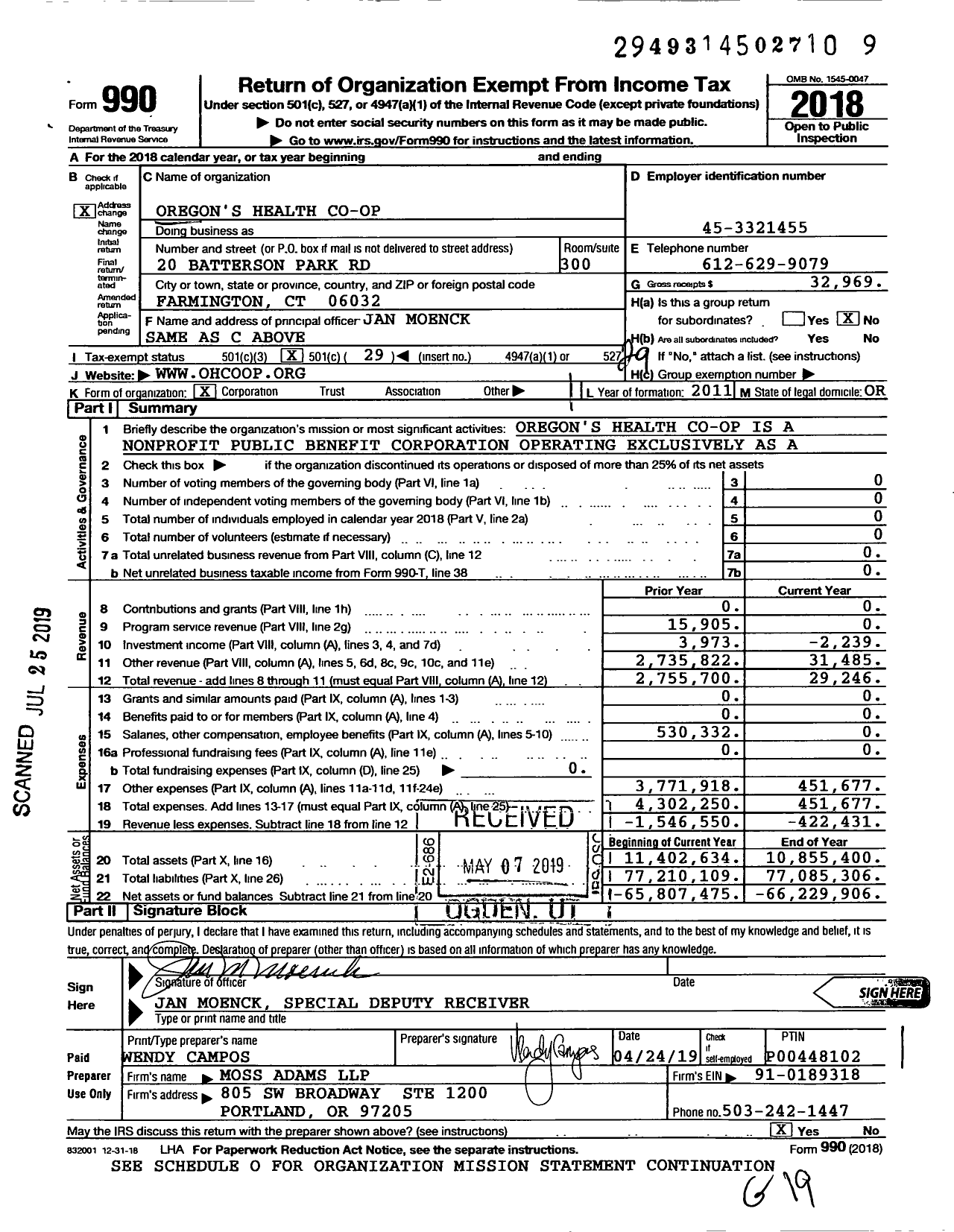 Image of first page of 2018 Form 990O for Oregon's Health Co-op (OHC)