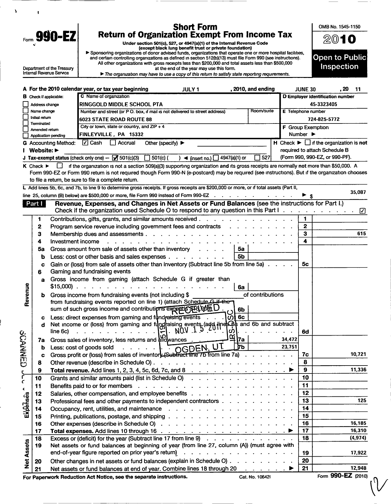 Image of first page of 2010 Form 990EZ for PTA Pennsylvania Congress / Ringgold Middle PTA Inc
