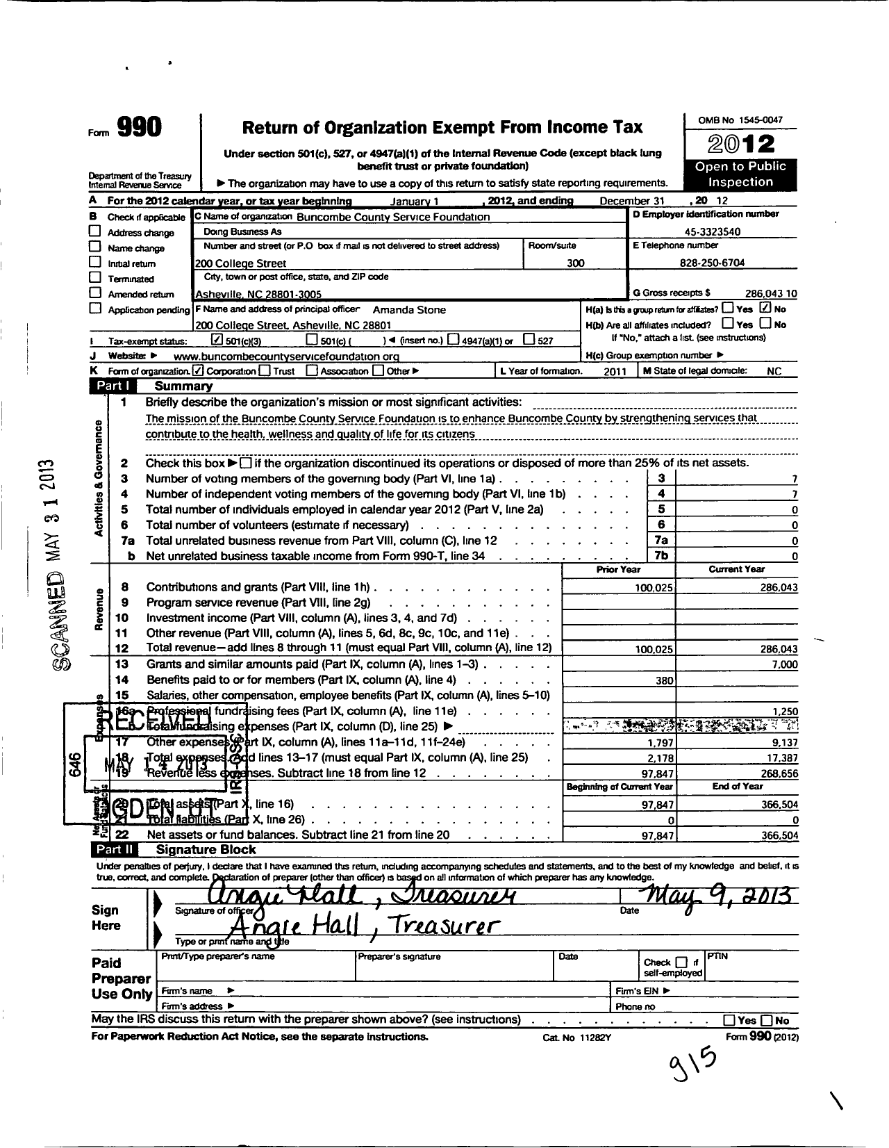 Image of first page of 2012 Form 990 for Buncombe County Service Foundation