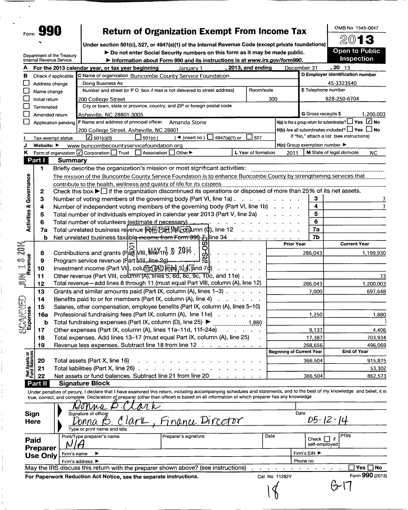 Image of first page of 2013 Form 990 for Buncombe County Service Foundation