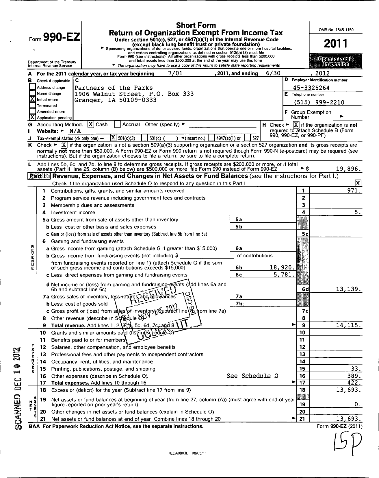 Image of first page of 2011 Form 990EZ for Partners of the Parks