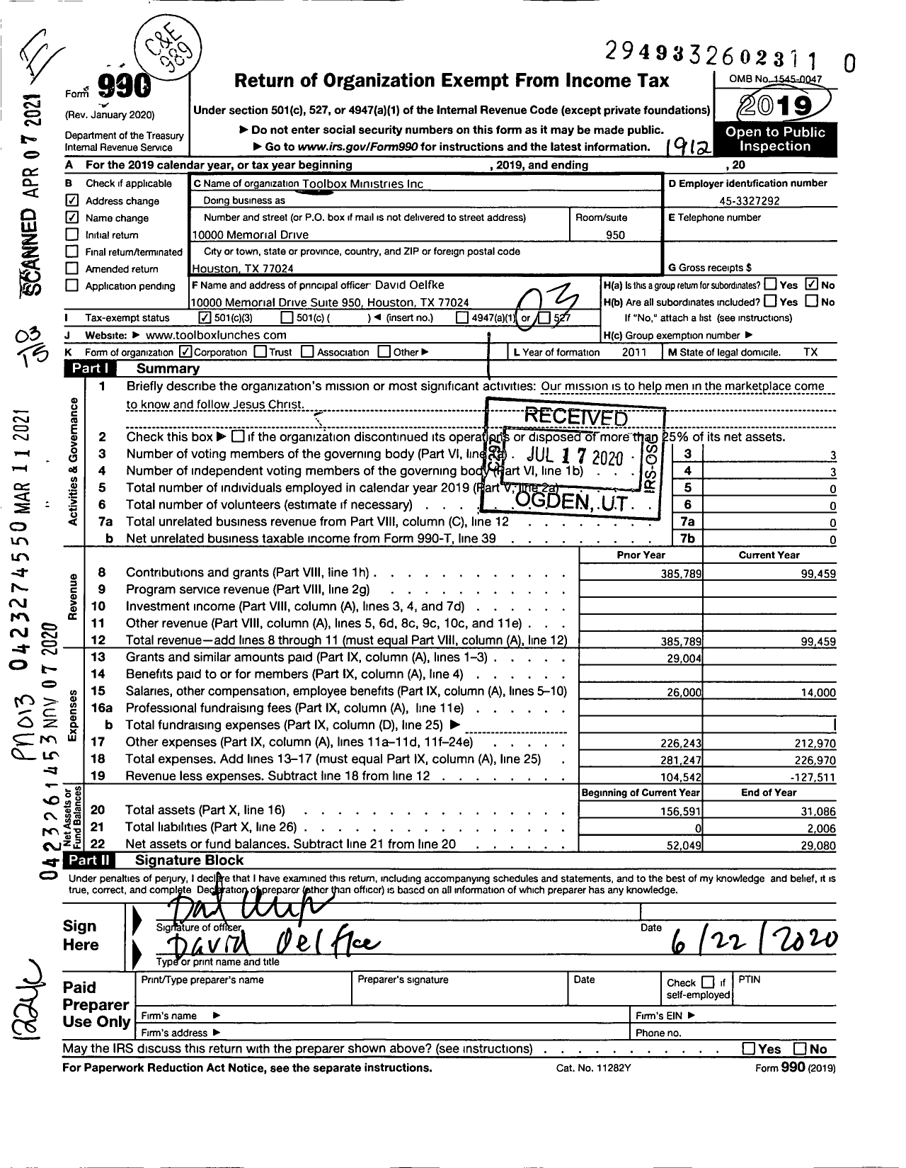 Image of first page of 2019 Form 990 for Toolbox Ministries