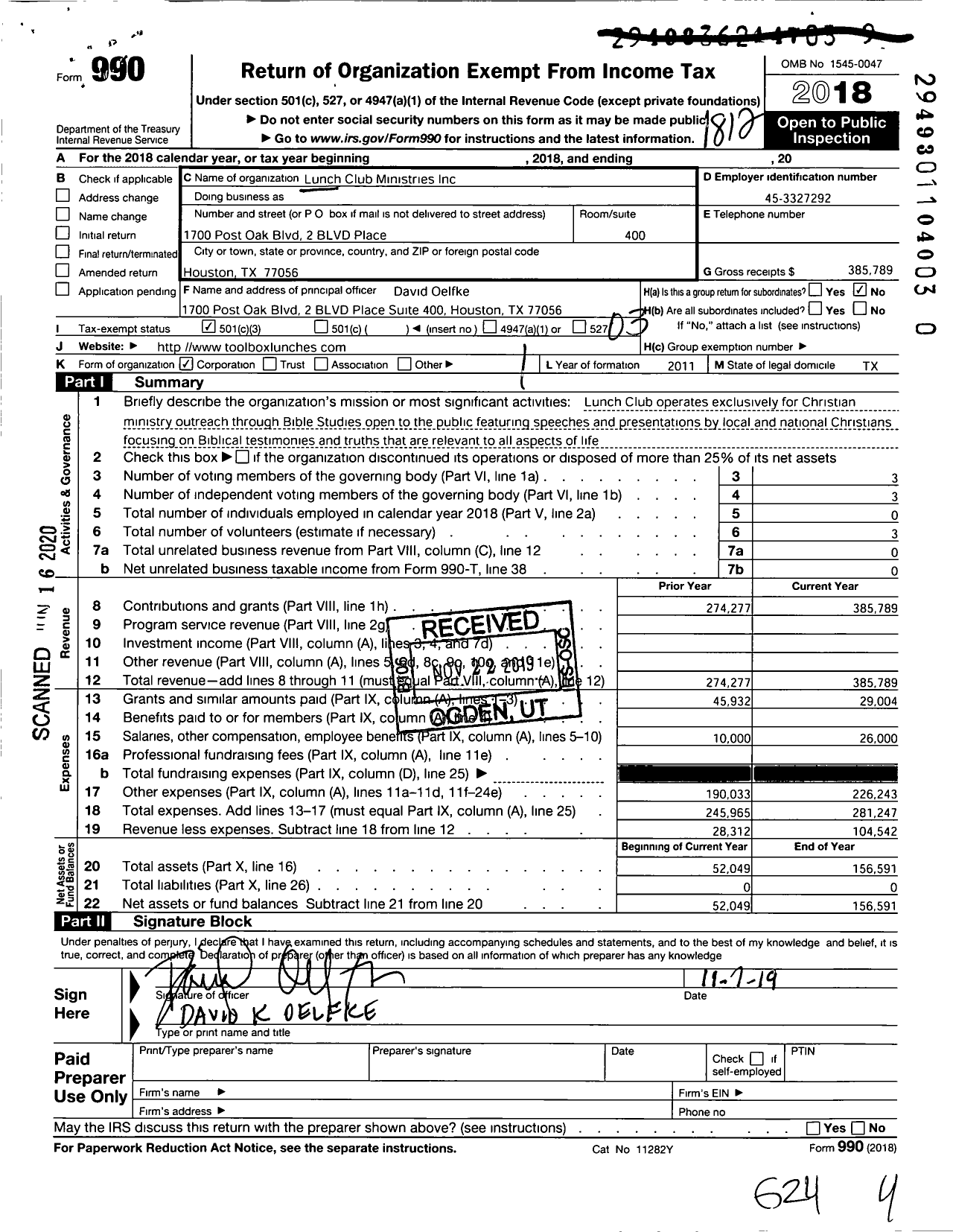 Image of first page of 2018 Form 990 for Toolbox Ministries