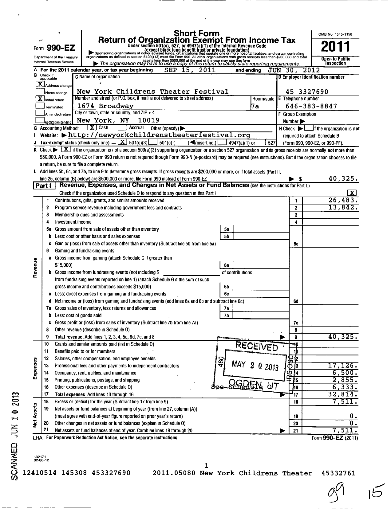 Image of first page of 2011 Form 990EZ for New York Childrens Theater Festival