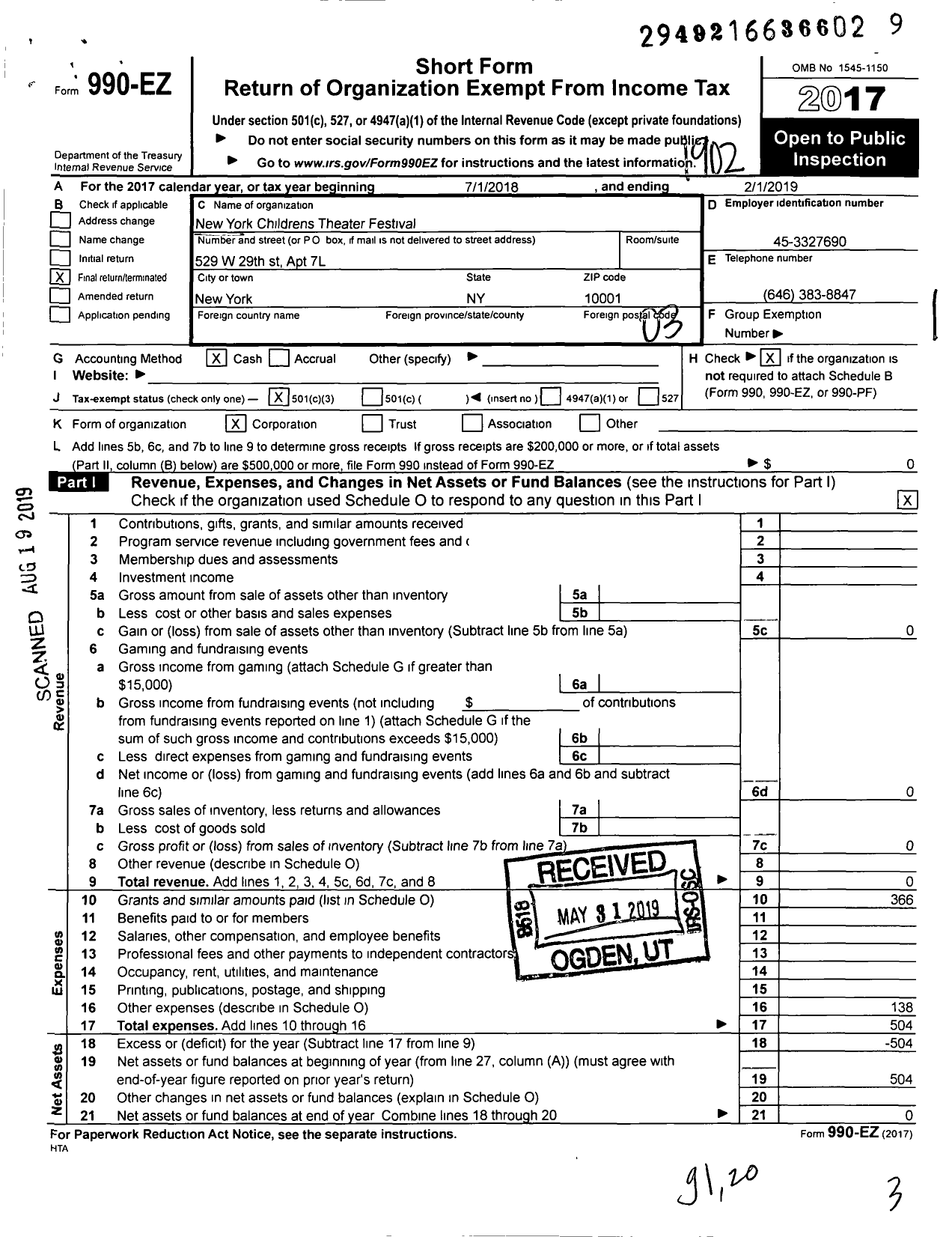 Image of first page of 2018 Form 990EZ for New York Childrens Theater Festival