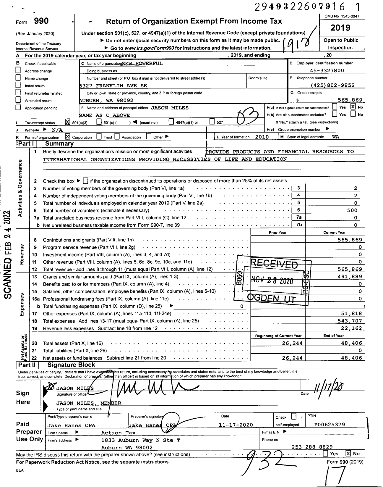 Image of first page of 2019 Form 990 for Sew Powerful