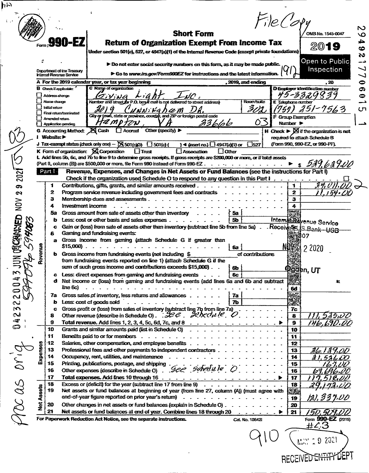 Image of first page of 2019 Form 990EZ for Giving Light