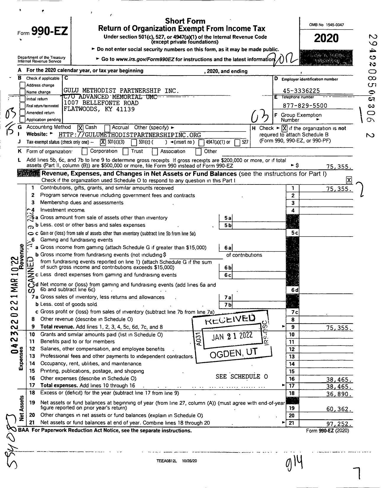 Image of first page of 2020 Form 990EZ for Gulu Methodist Partnership