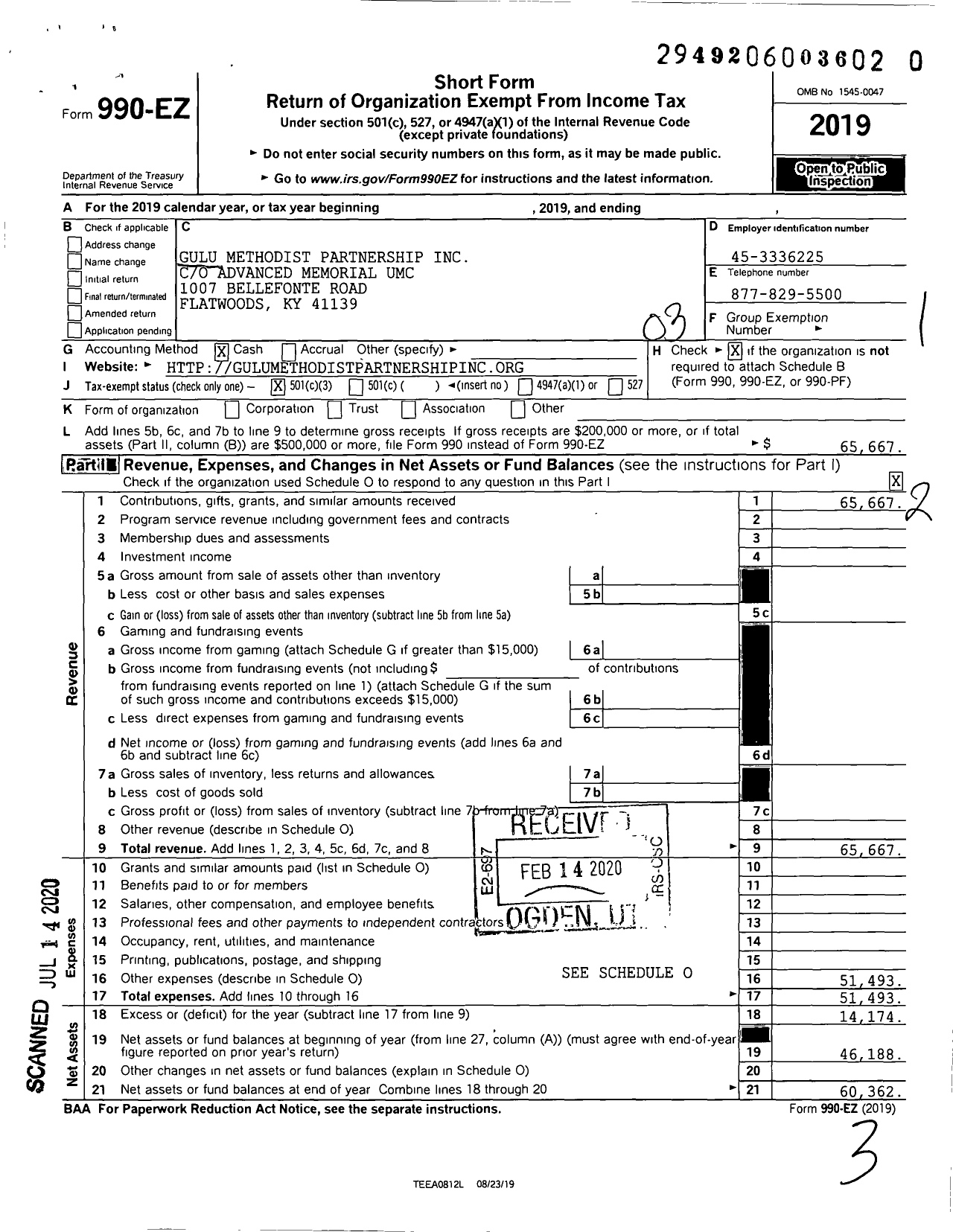 Image of first page of 2019 Form 990EZ for Gulu Methodist Partnership