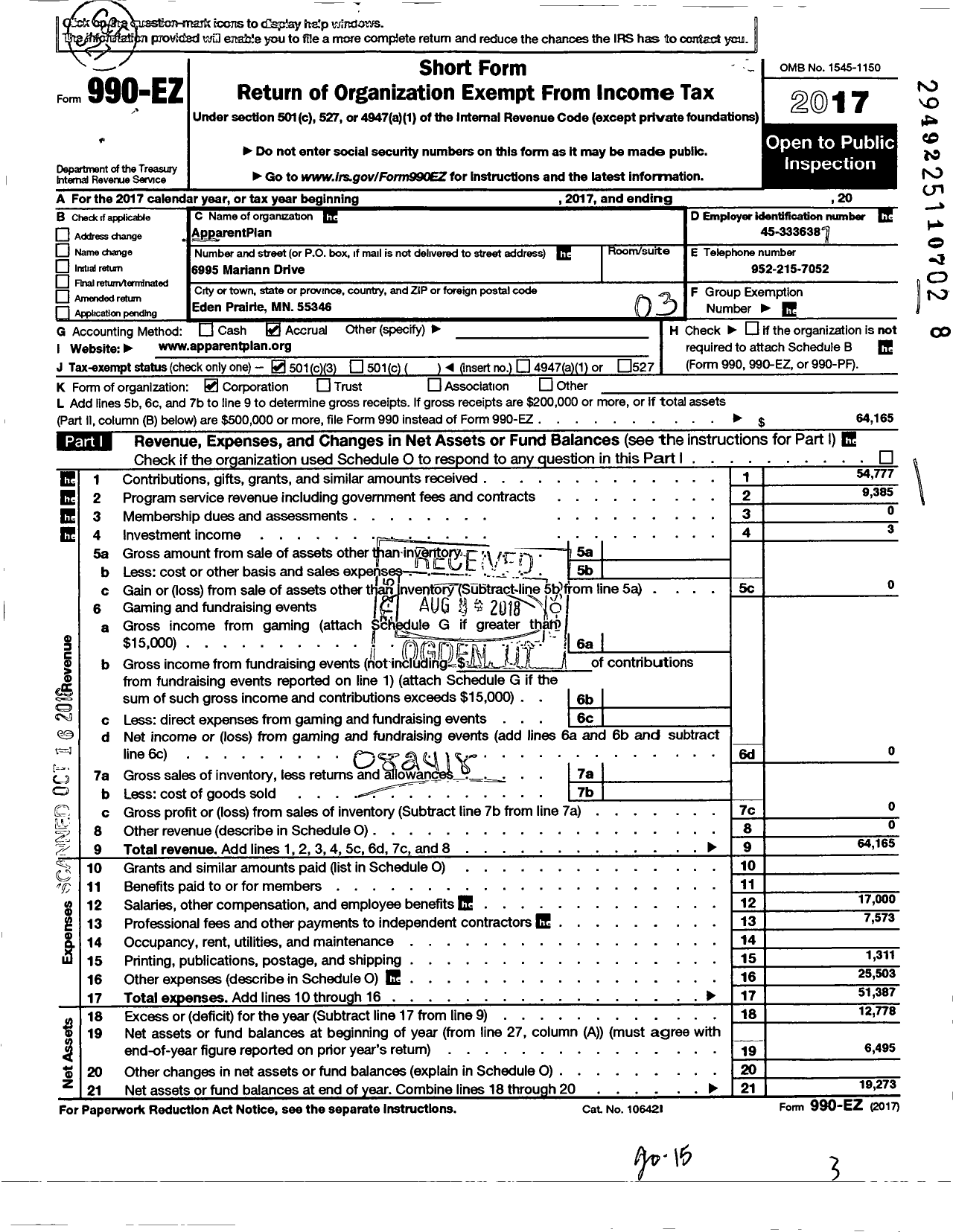 Image of first page of 2017 Form 990EZ for Start Senior Solutions