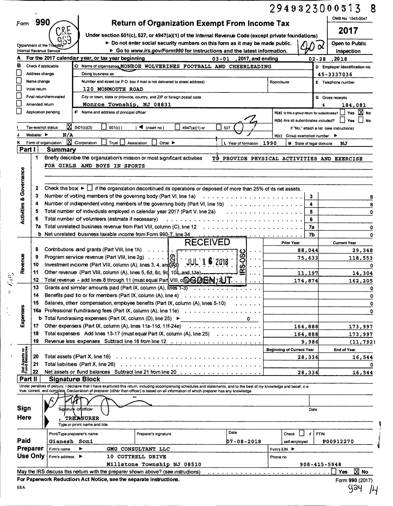 Image of first page of 2017 Form 990 for Monroe Wolverines Football and Cheerleading NJ