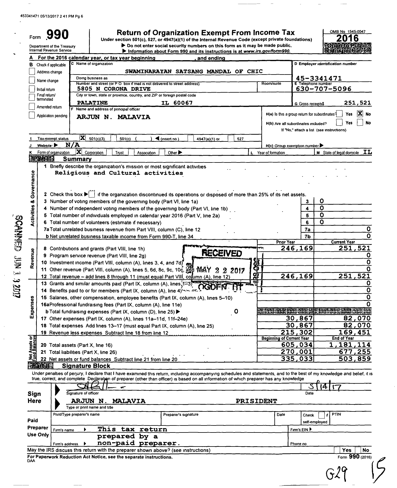 Image of first page of 2016 Form 990 for Swaminarayan Satsang Mandal of Chicago