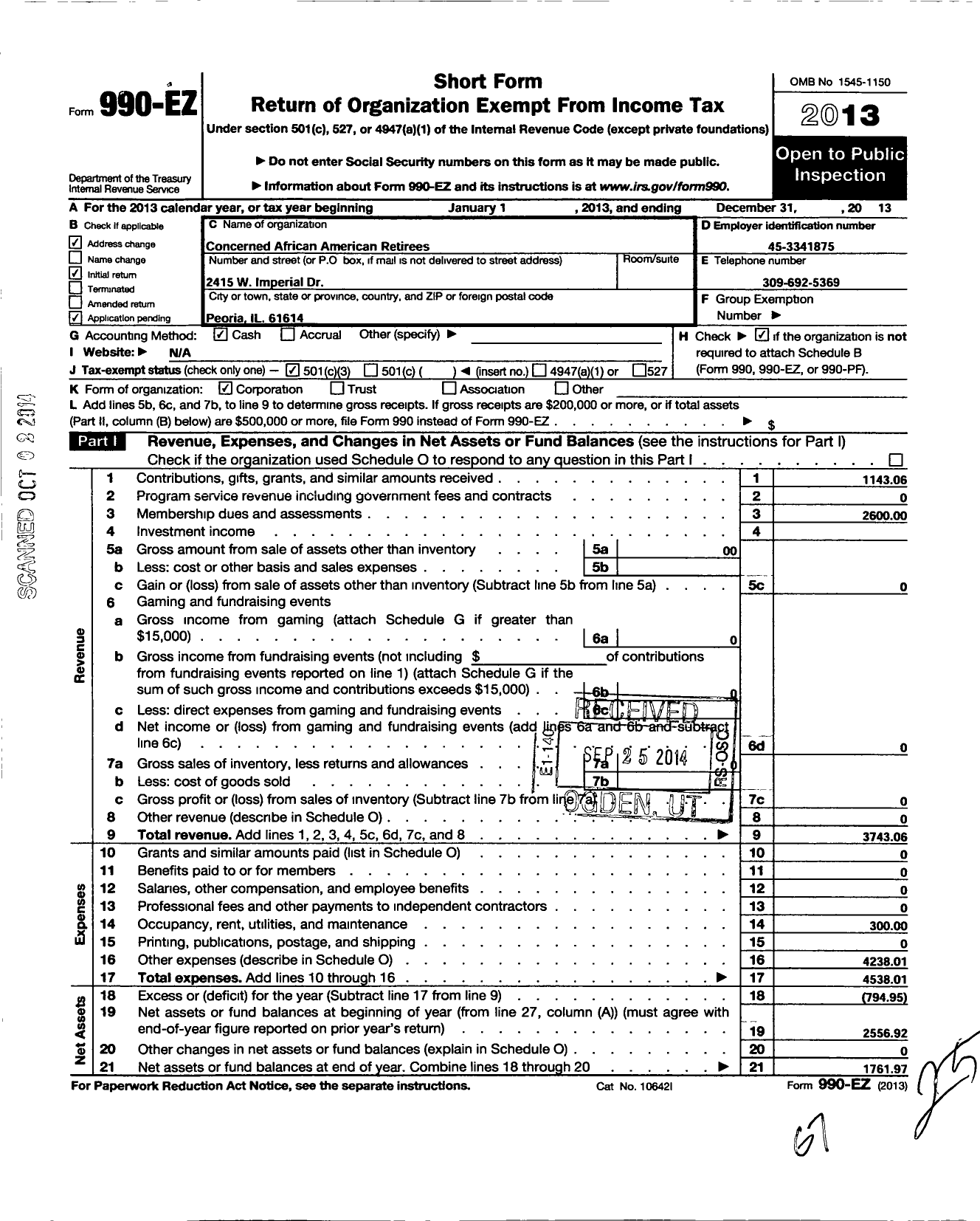 Image of first page of 2013 Form 990EZ for Concerned African American Retirees