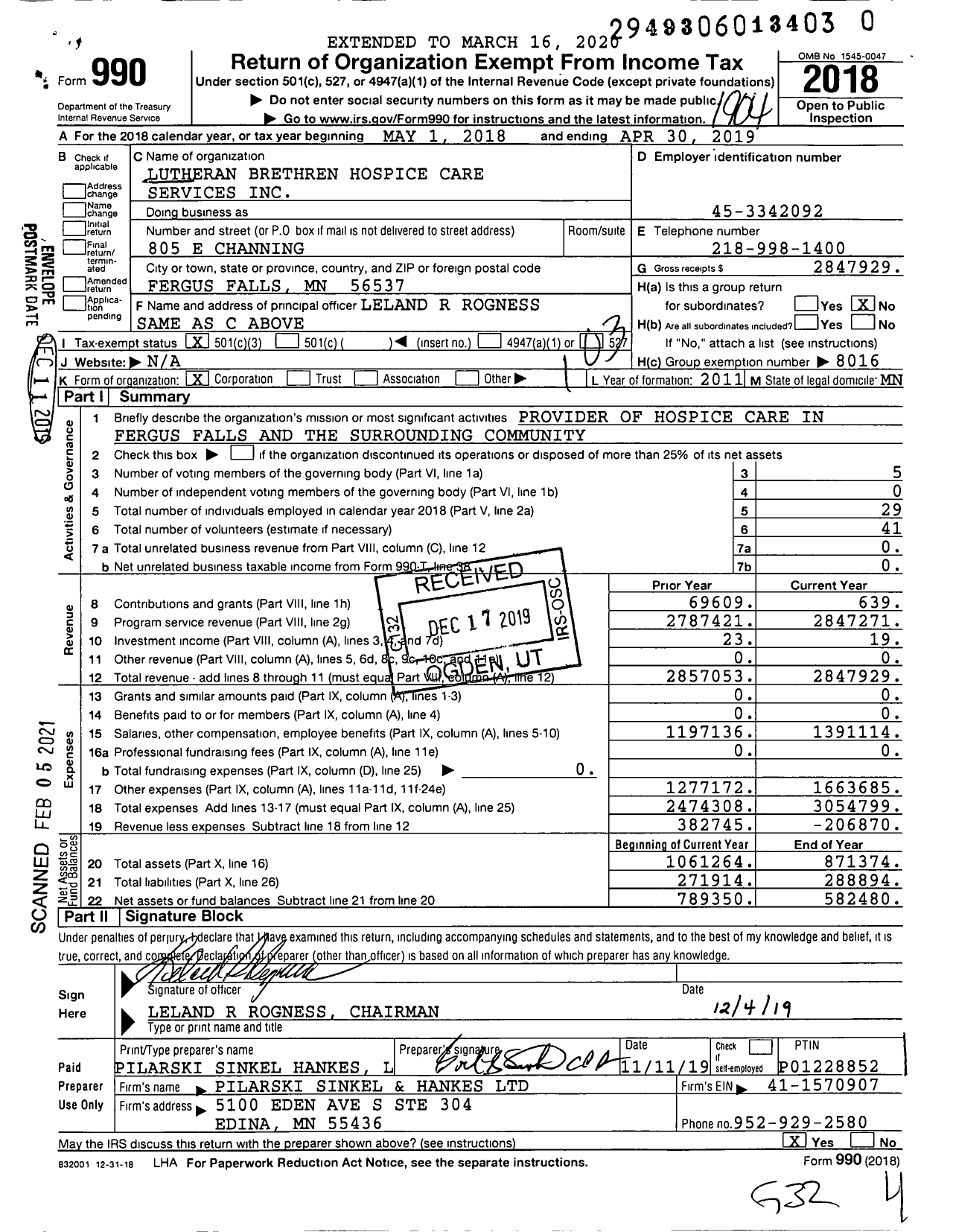 Image of first page of 2018 Form 990 for Lutheran Brethren Hospice Care Services