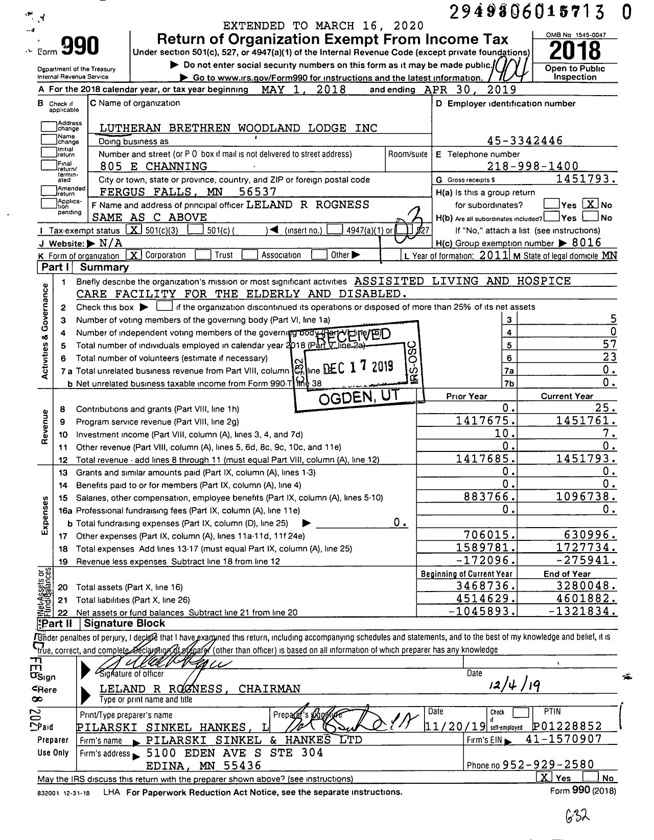 Image of first page of 2018 Form 990 for Lutheran Brethren Woodland Lodge