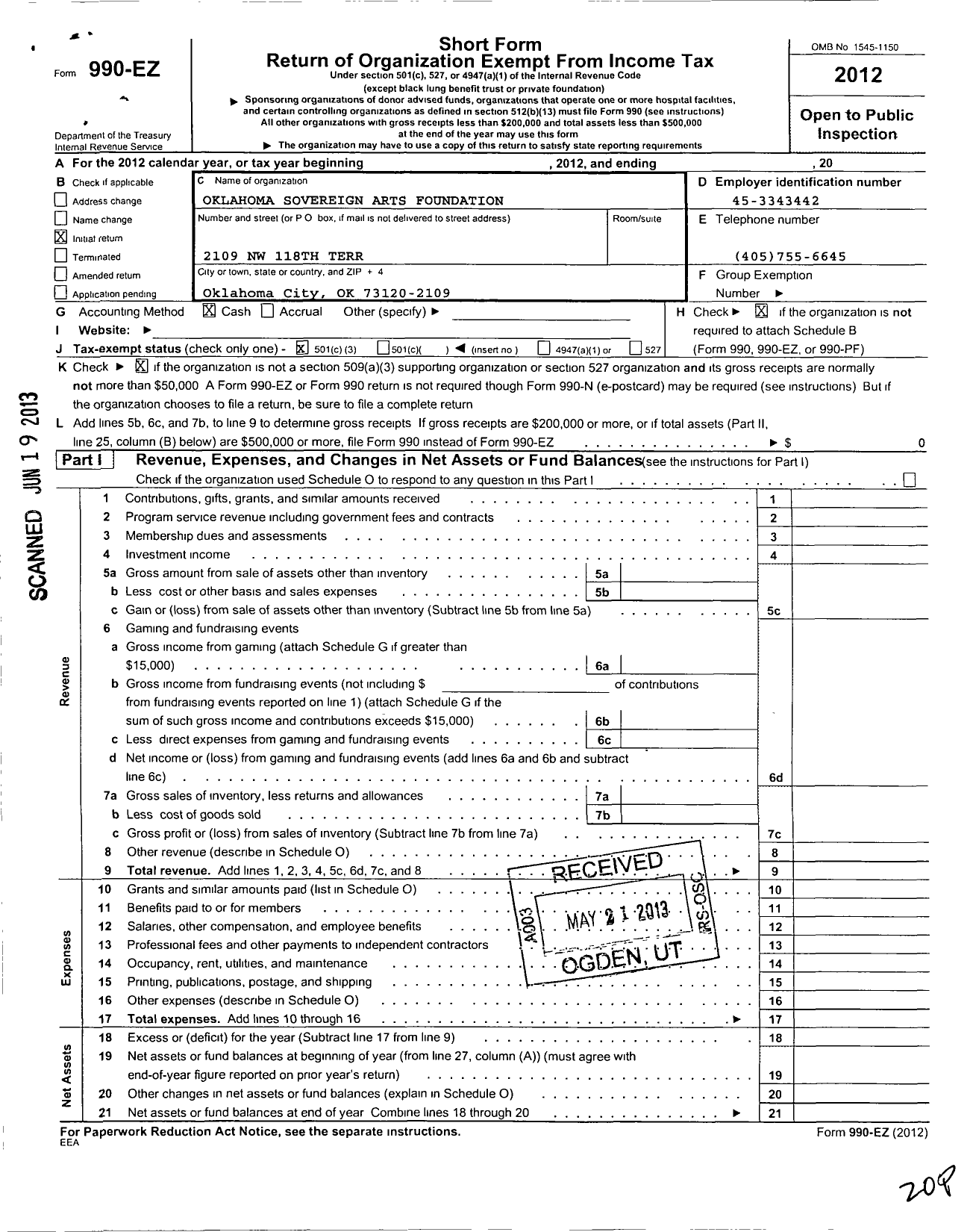 Image of first page of 2012 Form 990EZ for Oklahoma Sovereign Arts Foundation