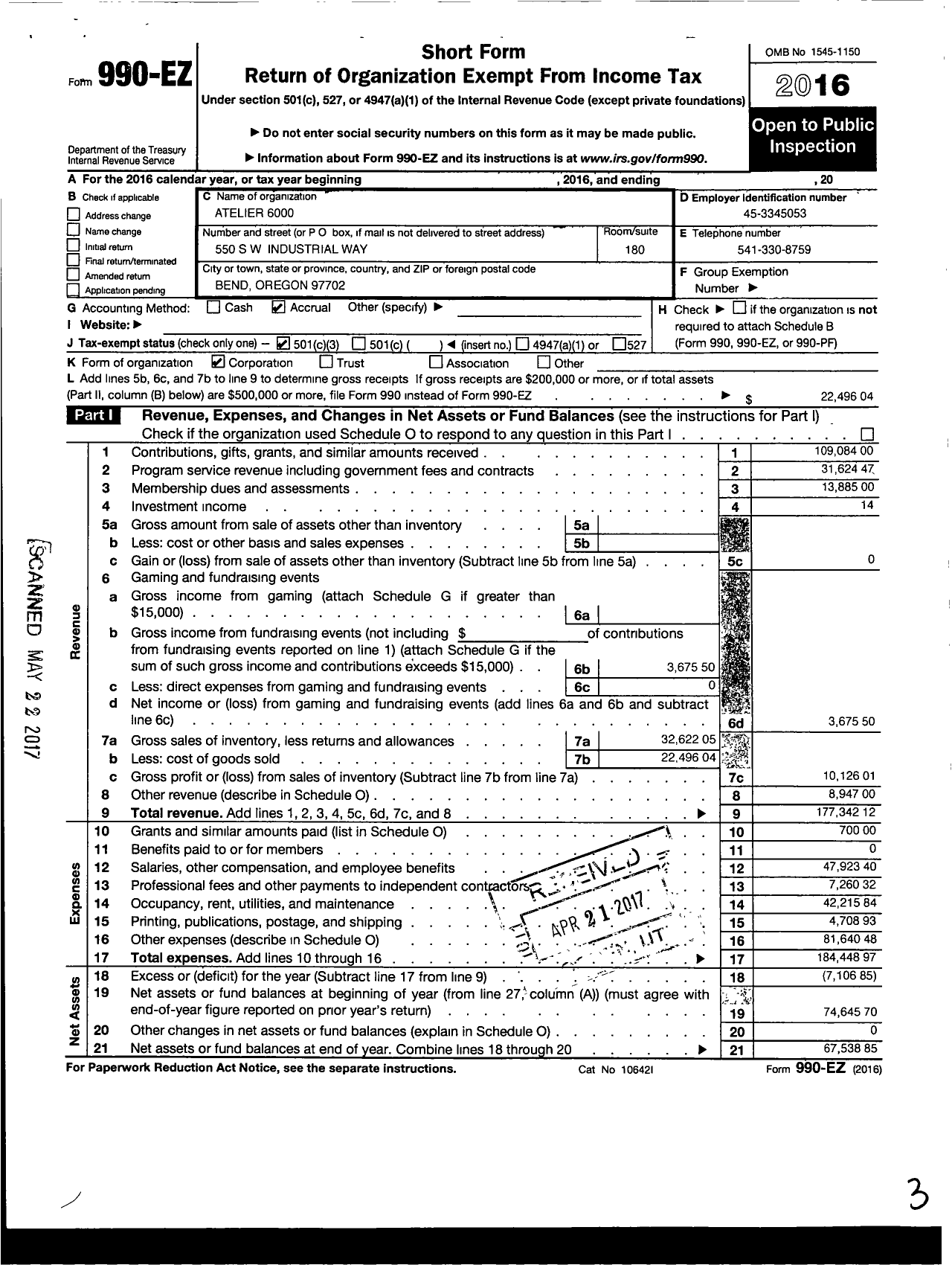 Image of first page of 2016 Form 990EZ for Atelier 6000 Bend Art Center