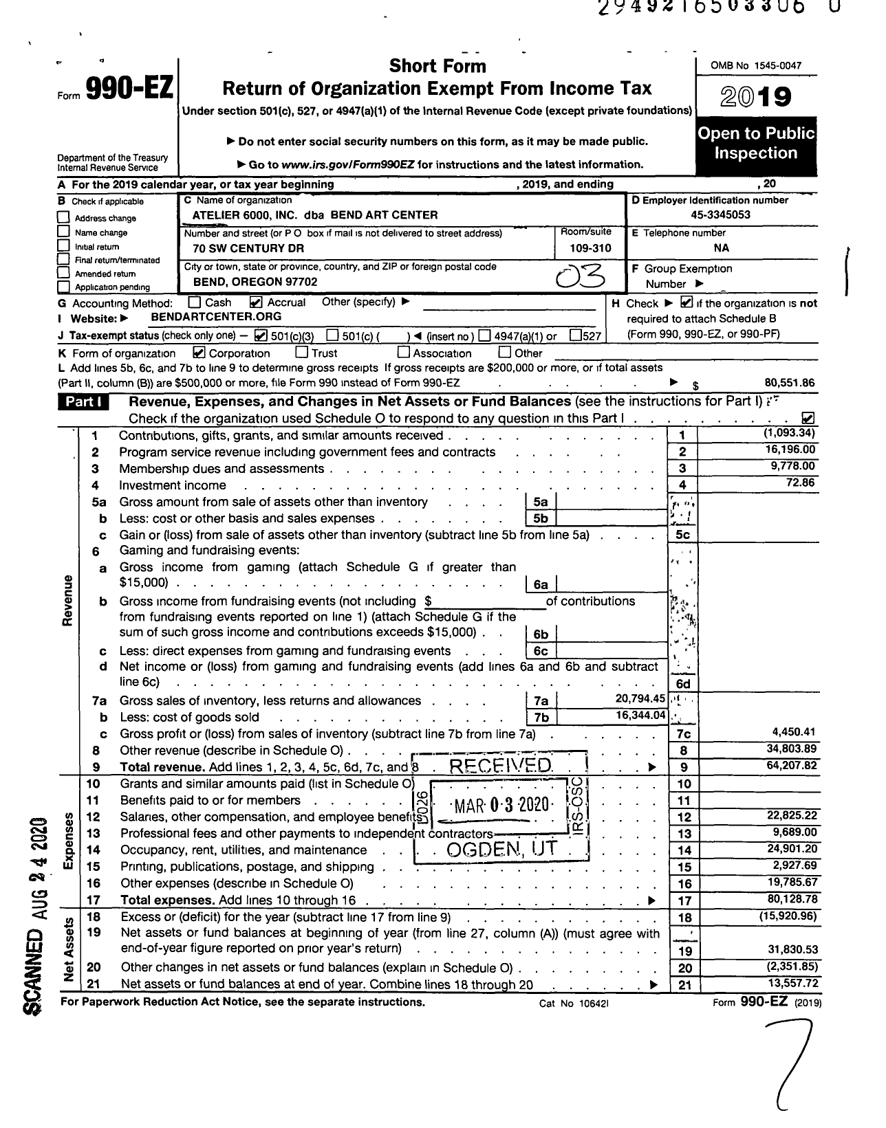 Image of first page of 2019 Form 990EZ for Atelier 6000 Bend Art Center