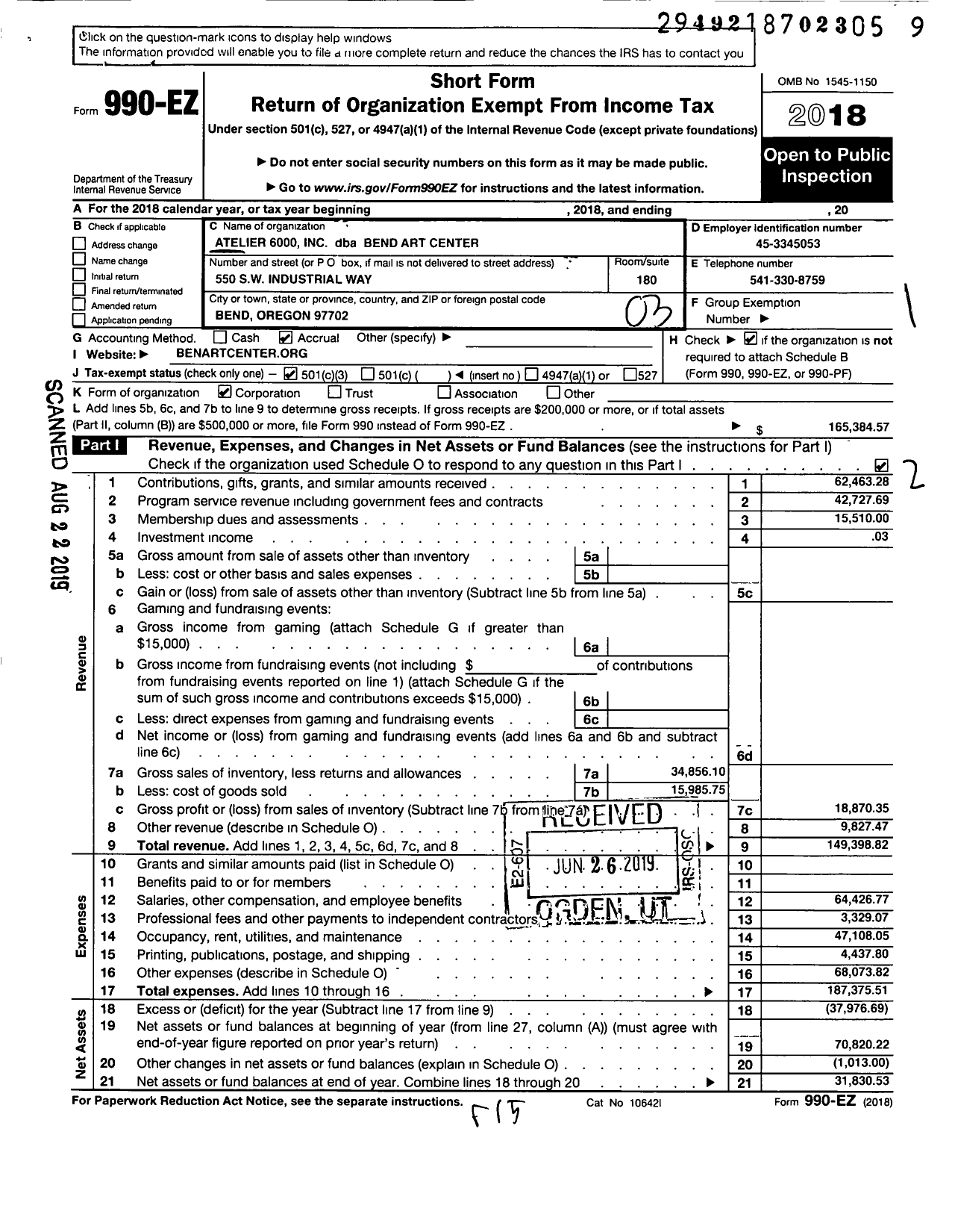 Image of first page of 2018 Form 990EZ for Atelier 6000 Bend Art Center