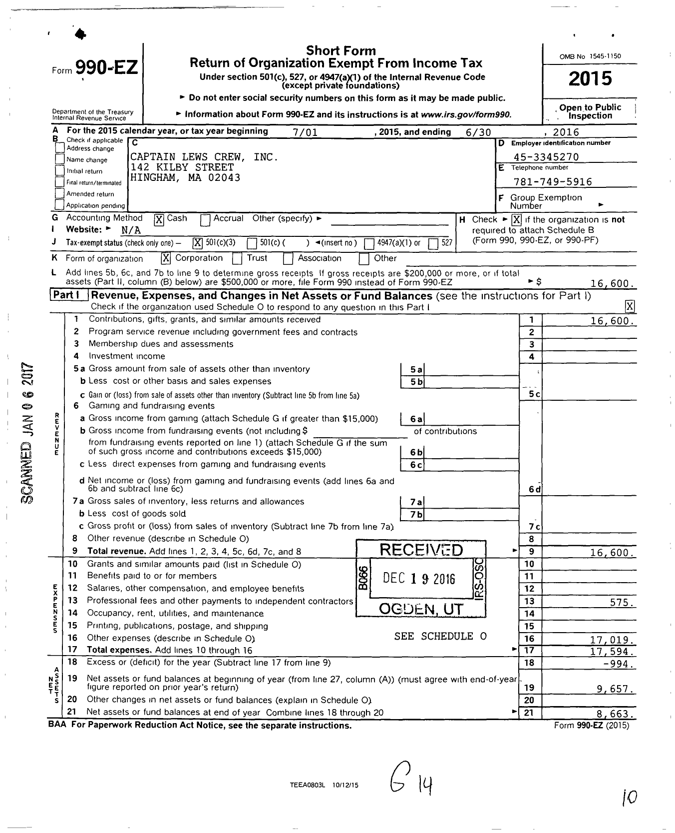 Image of first page of 2015 Form 990EZ for Captain Lews Crew