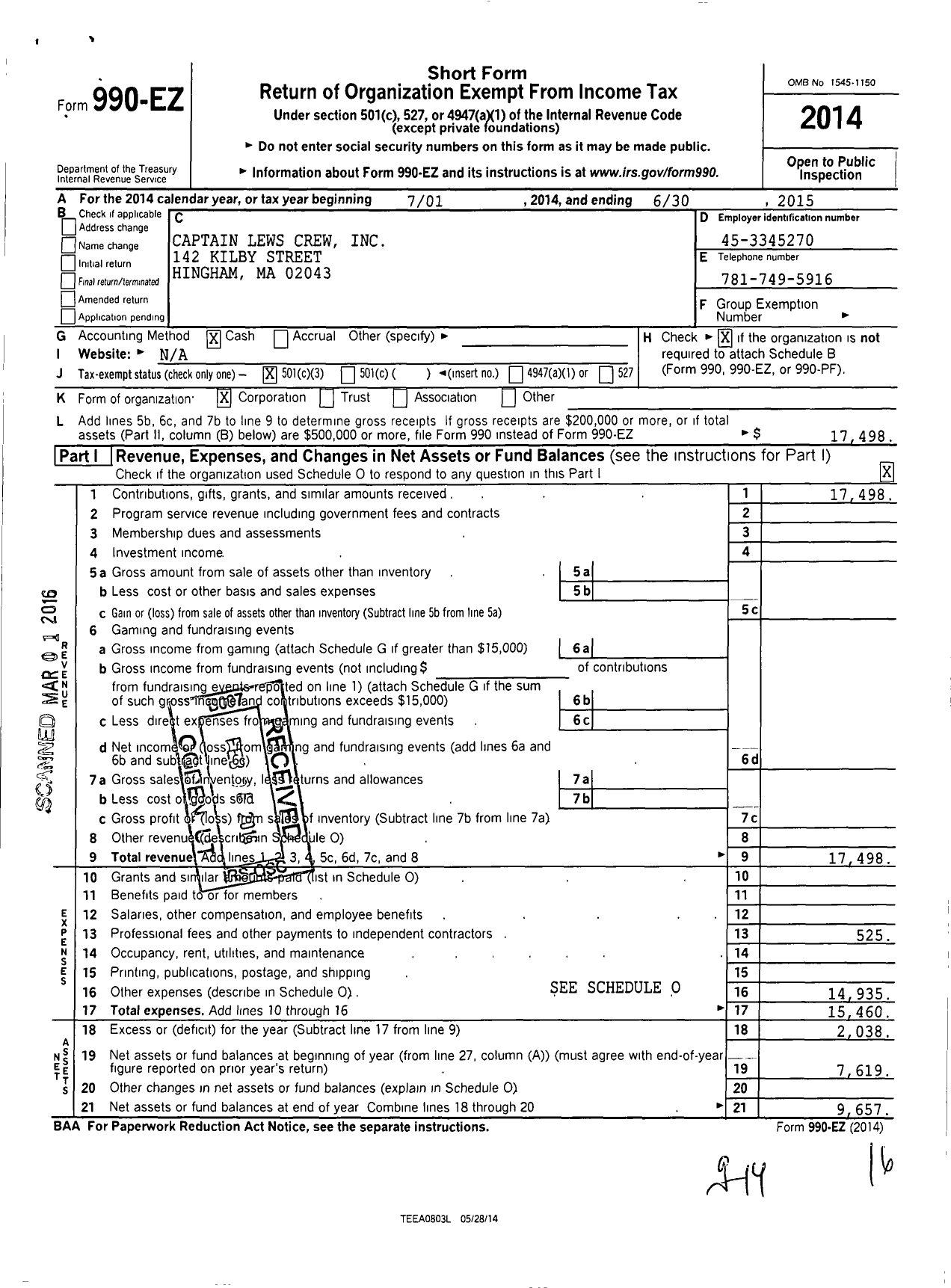 Image of first page of 2014 Form 990EZ for Captain Lews Crew