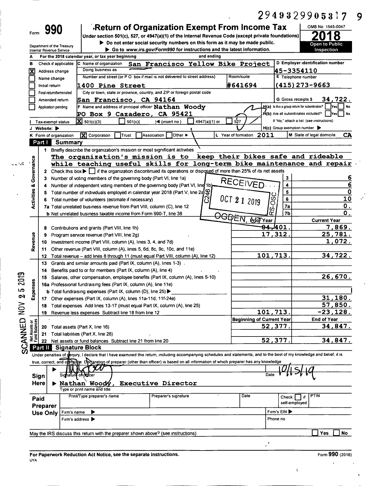 Image of first page of 2018 Form 990 for San Francisco Yellow Bike Project