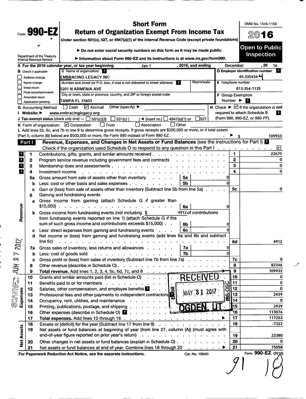 Image of first page of 2016 Form 990EO for Embracing Legacy