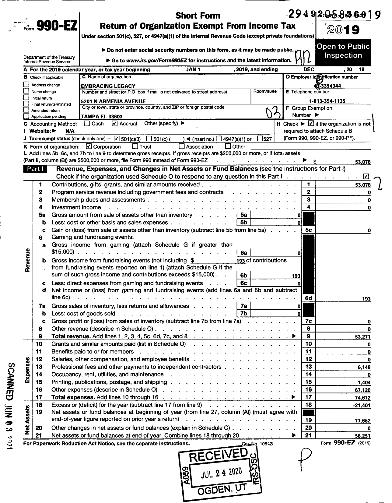 Image of first page of 2019 Form 990EZ for Embracing Legacy