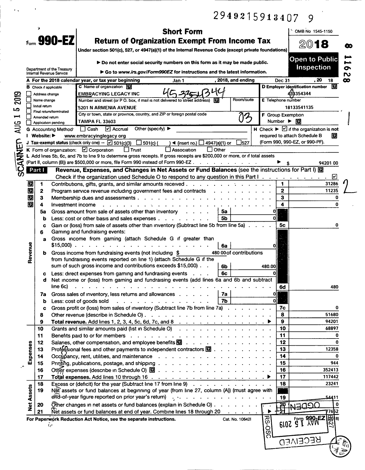 Image of first page of 2018 Form 990EZ for Embracing Legacy