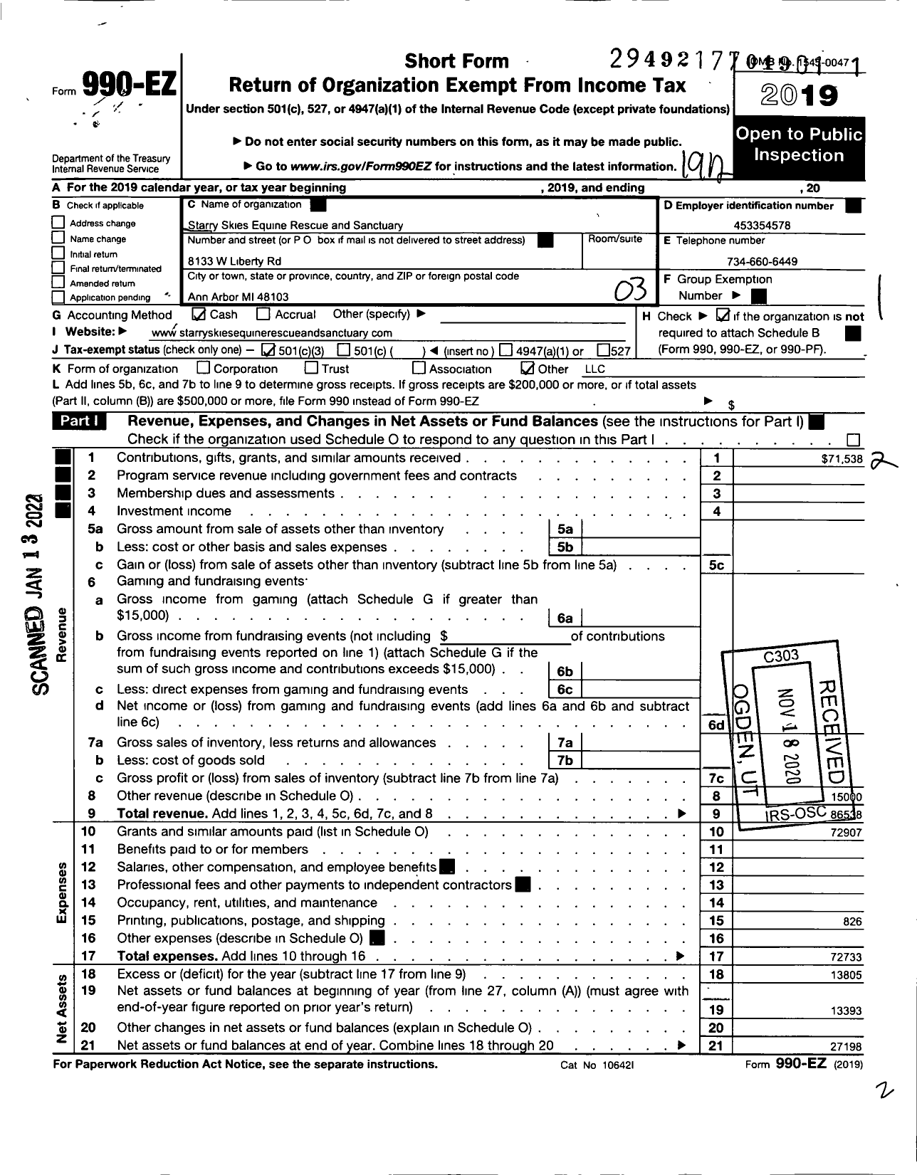 Image of first page of 2019 Form 990EZ for Starry Skies Equine Rescue and Sanctuary