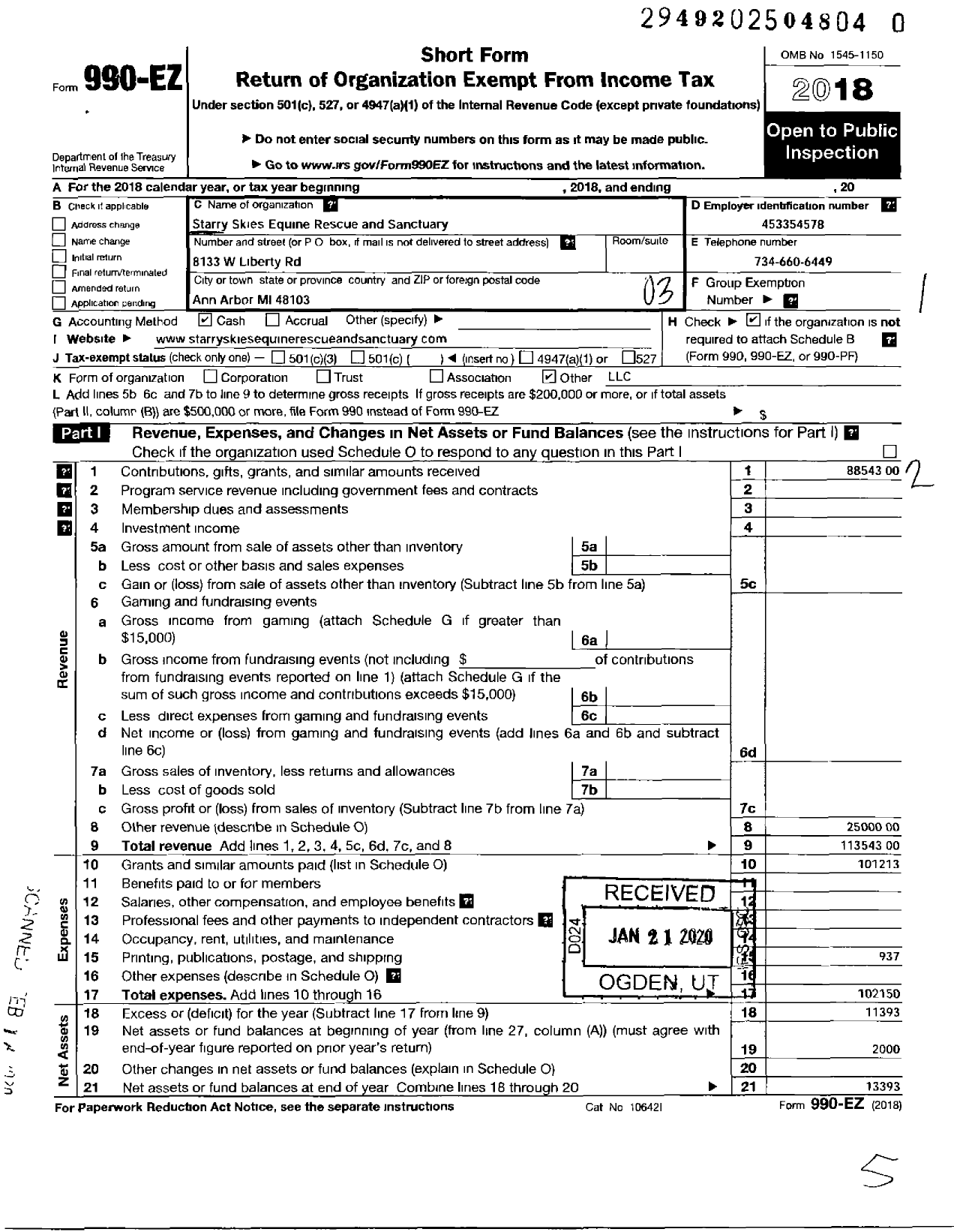 Image of first page of 2018 Form 990EZ for Starry Skies Equine Rescue and Sanctuary