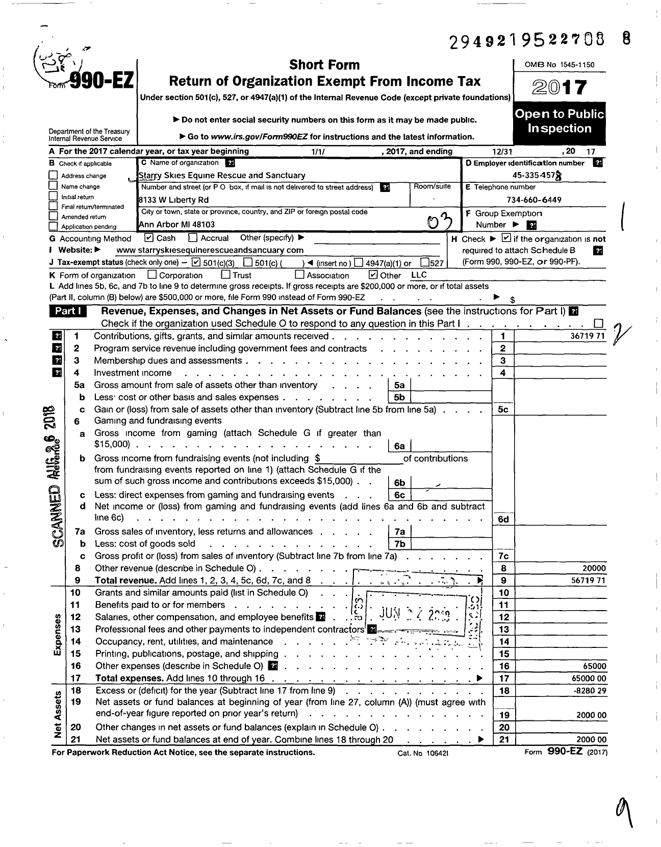 Image of first page of 2017 Form 990EZ for Starry Skies Equine Rescue and Sanctuary