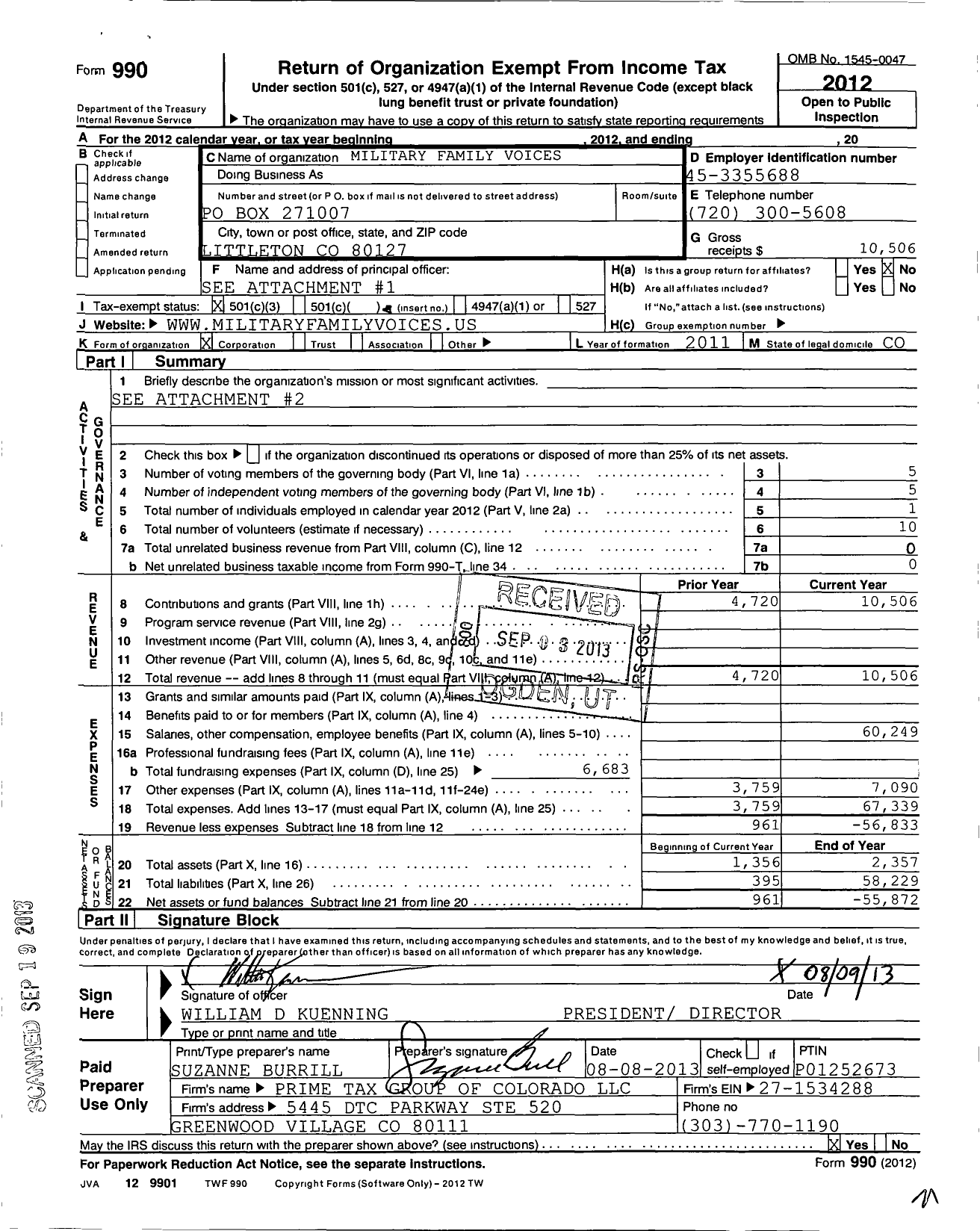 Image of first page of 2012 Form 990 for Military Family Voices