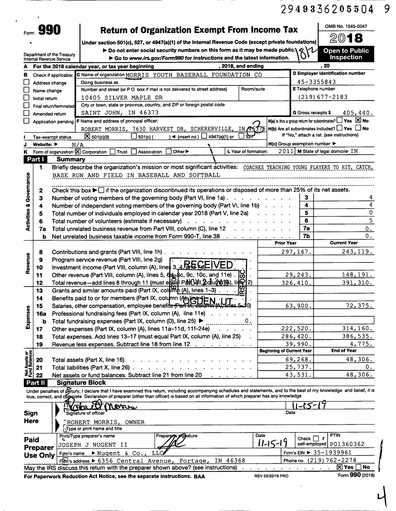 Image of first page of 2018 Form 990 for Morris Youth Baseball Foundation