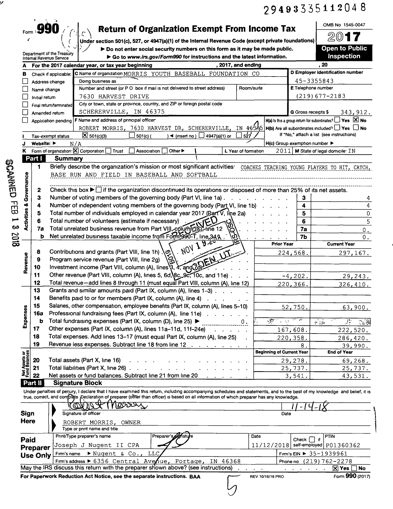 Image of first page of 2017 Form 990 for Morris Youth Baseball Foundation