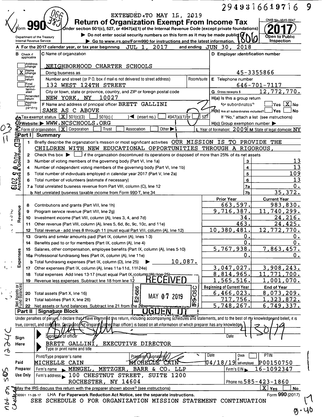 Image of first page of 2017 Form 990 for Neighborhood Charter Schools (NCSH)